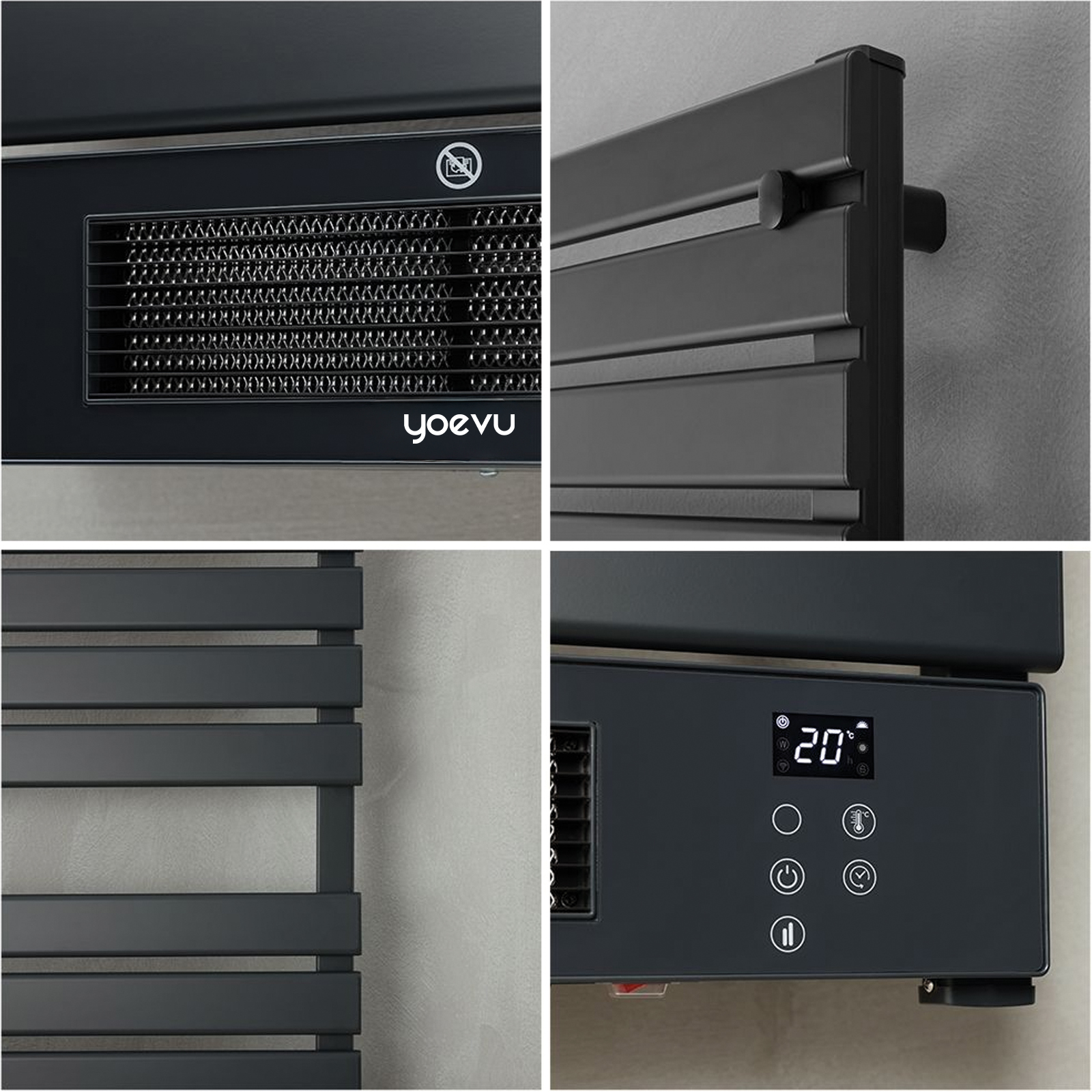Primer plano de un radiador negro con rejillas de ventilación, logo y pantalla de temperatura.