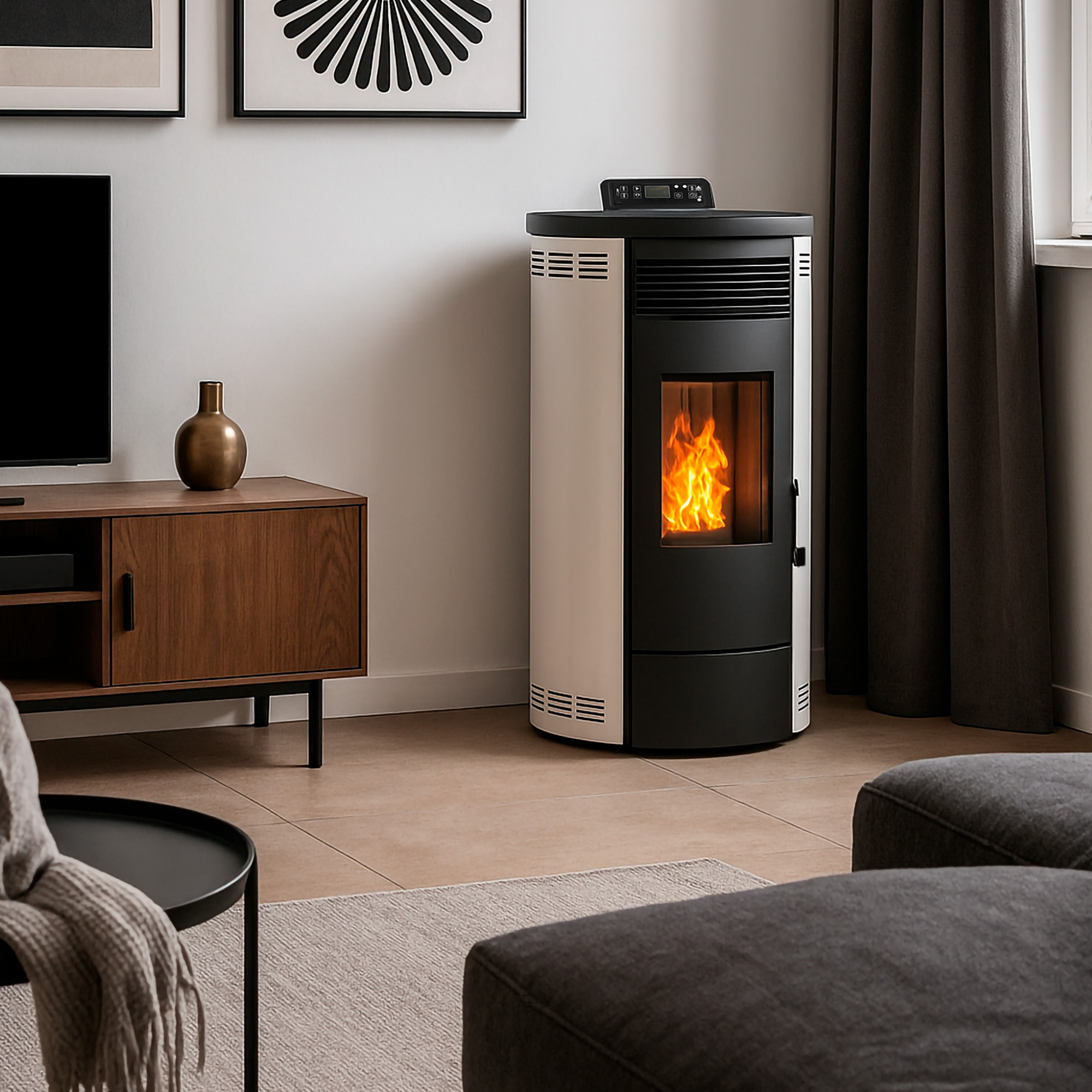 Una sala de estar moderna con una estufa de pellets encendida y un mueble de madera.
