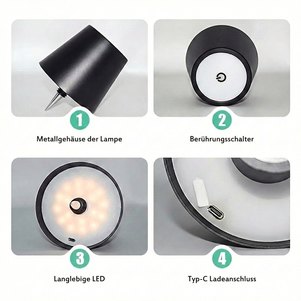 Vier Detailansichten einer schwarzen Lampe: Gehäuse, Schalter, LEDs, Ladeanschluss.