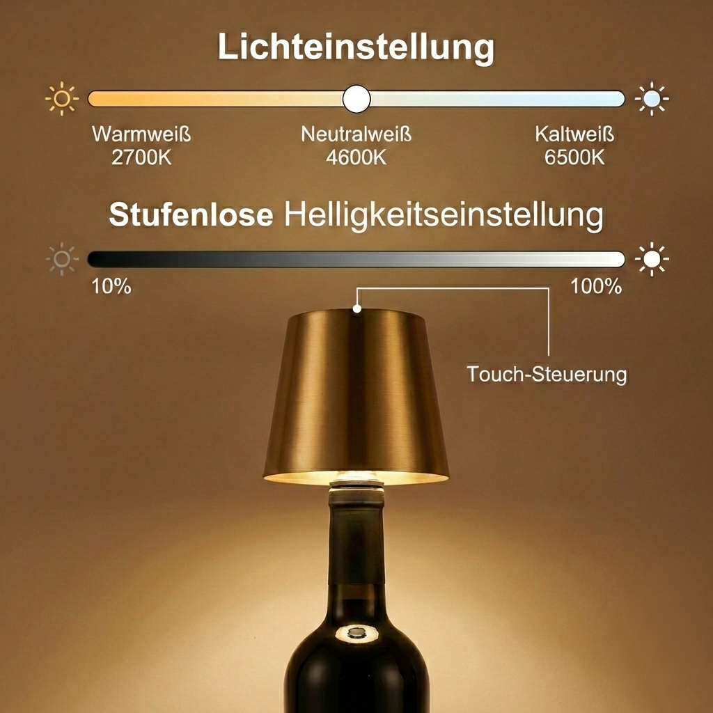 Lampe auf Weinflasche: Helligkeit & Lichtfarbe einstellbar per Touch.