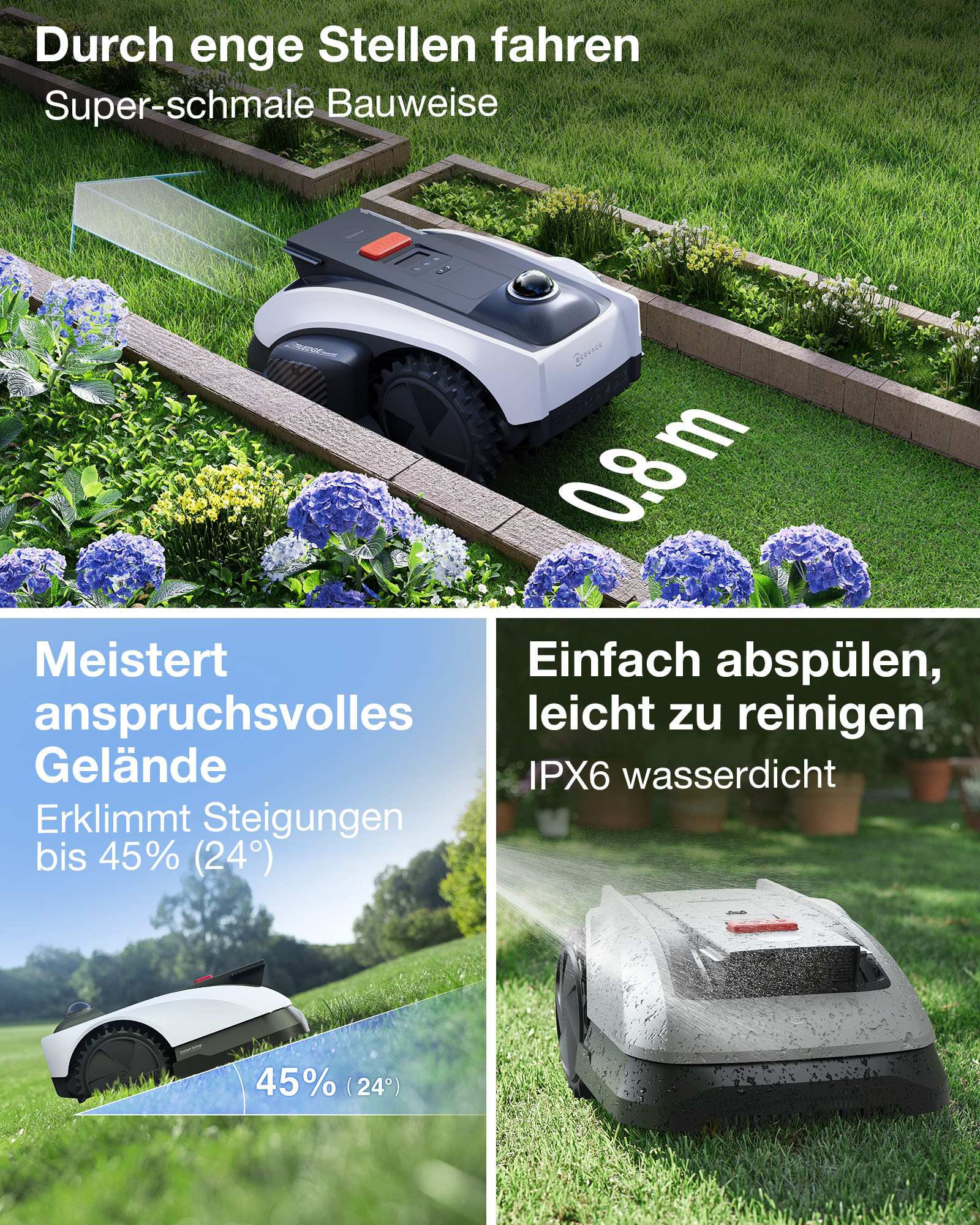 Ein Mähroboter navigiert durch enge Stellen, über Steigungen und wird abgewaschen.