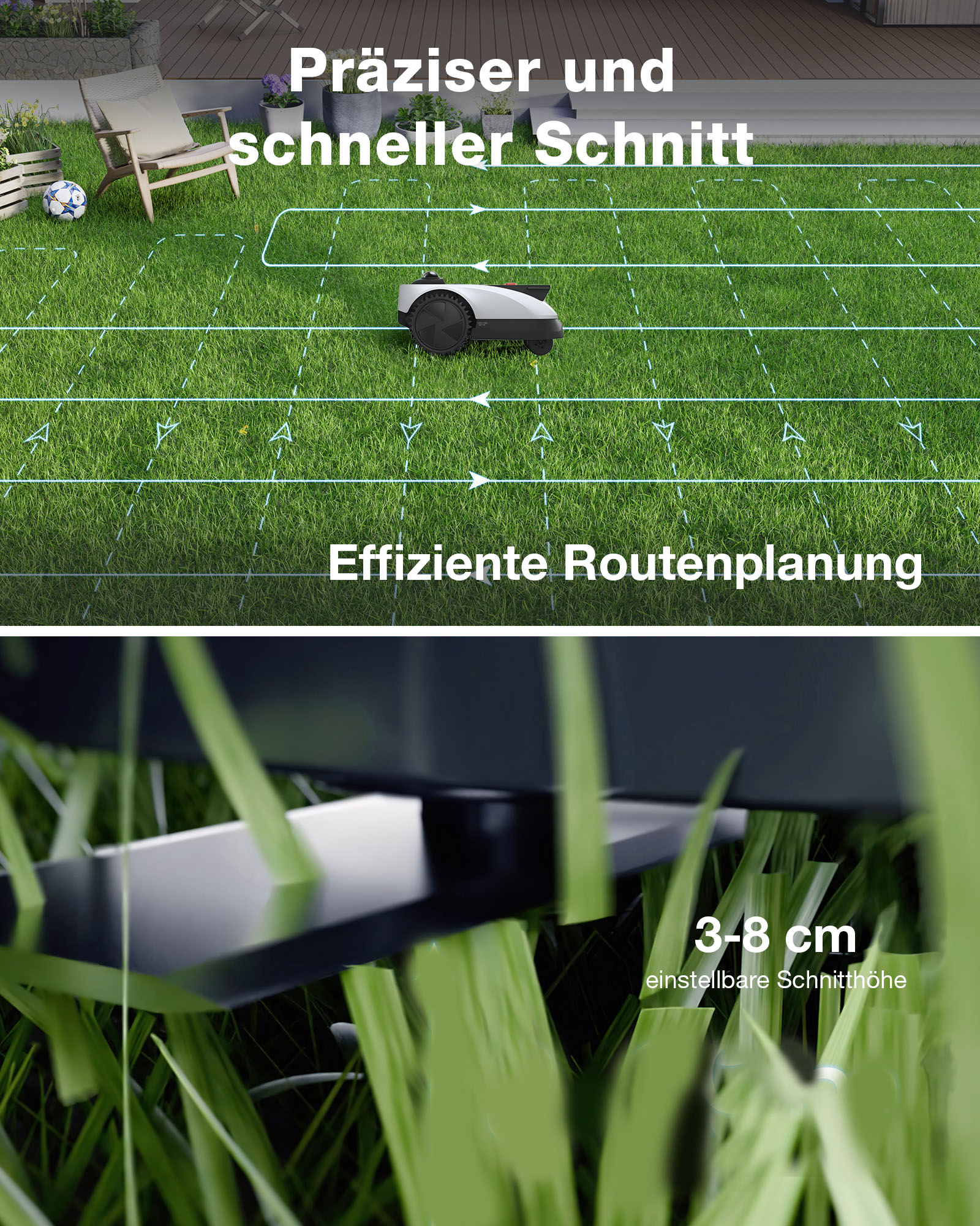 Ein Mähroboter auf einem Rasen mit Schnittlinien und ein Nahaufnahmebild des Mähwerks.