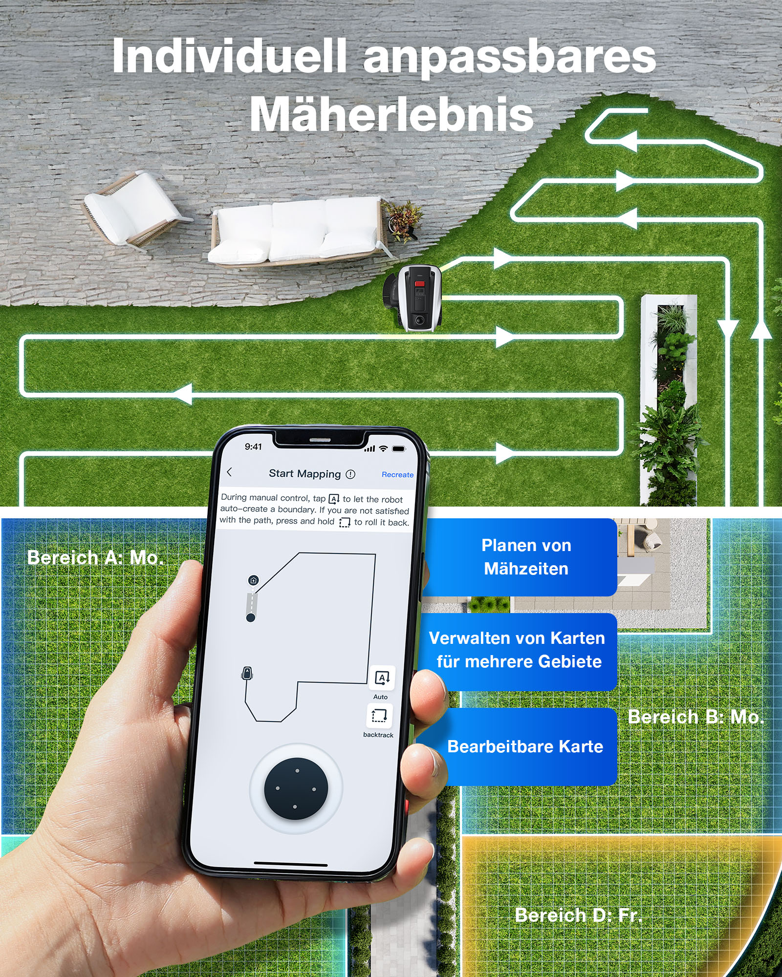 Ein Smartphone zeigt eine App zur Steuerung eines Mähroboters auf einem Rasen.