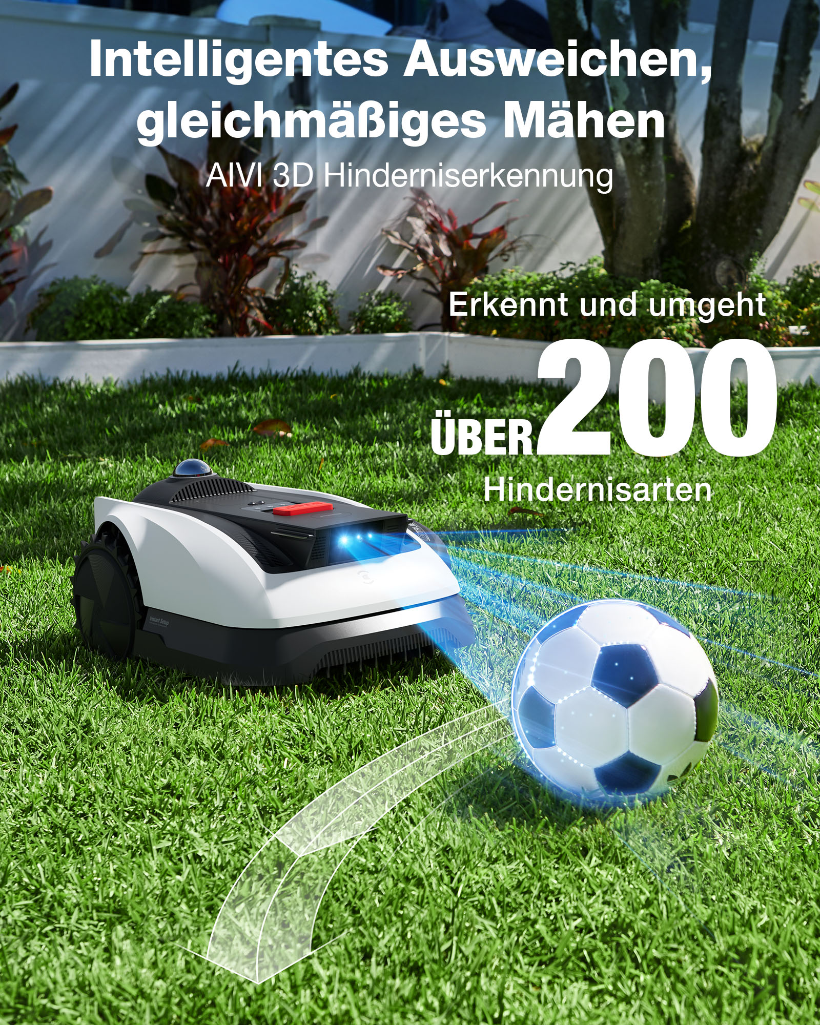 Ein Mähroboter erkennt und umfährt über 200 Hindernisse, z.B. einen Ball.
