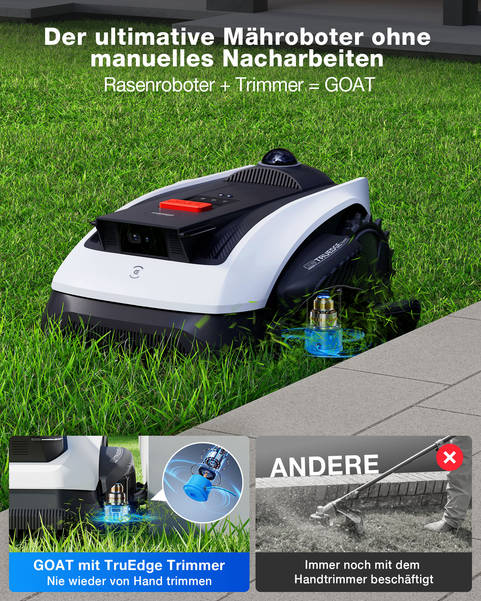 Ein weißer und schwarzer Rasenroboter auf grünem Gras neben einer Steinplatte.