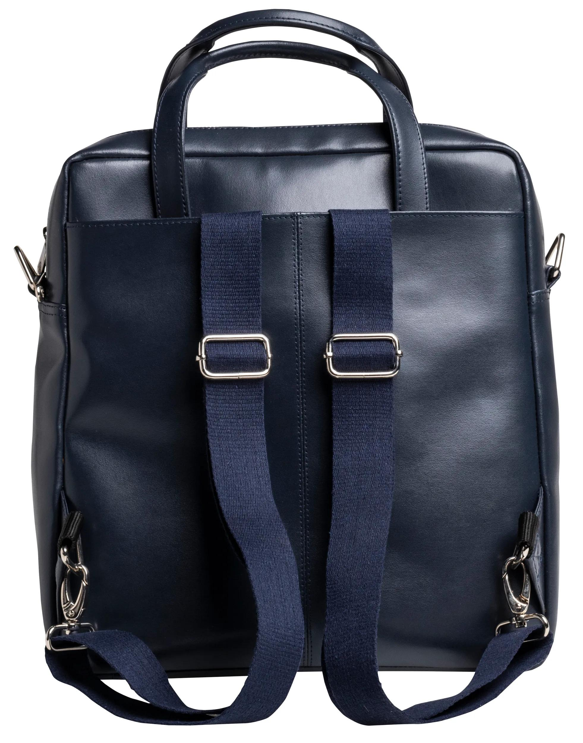 Bolso de cuero azul marino con dos asas superiores y correas.