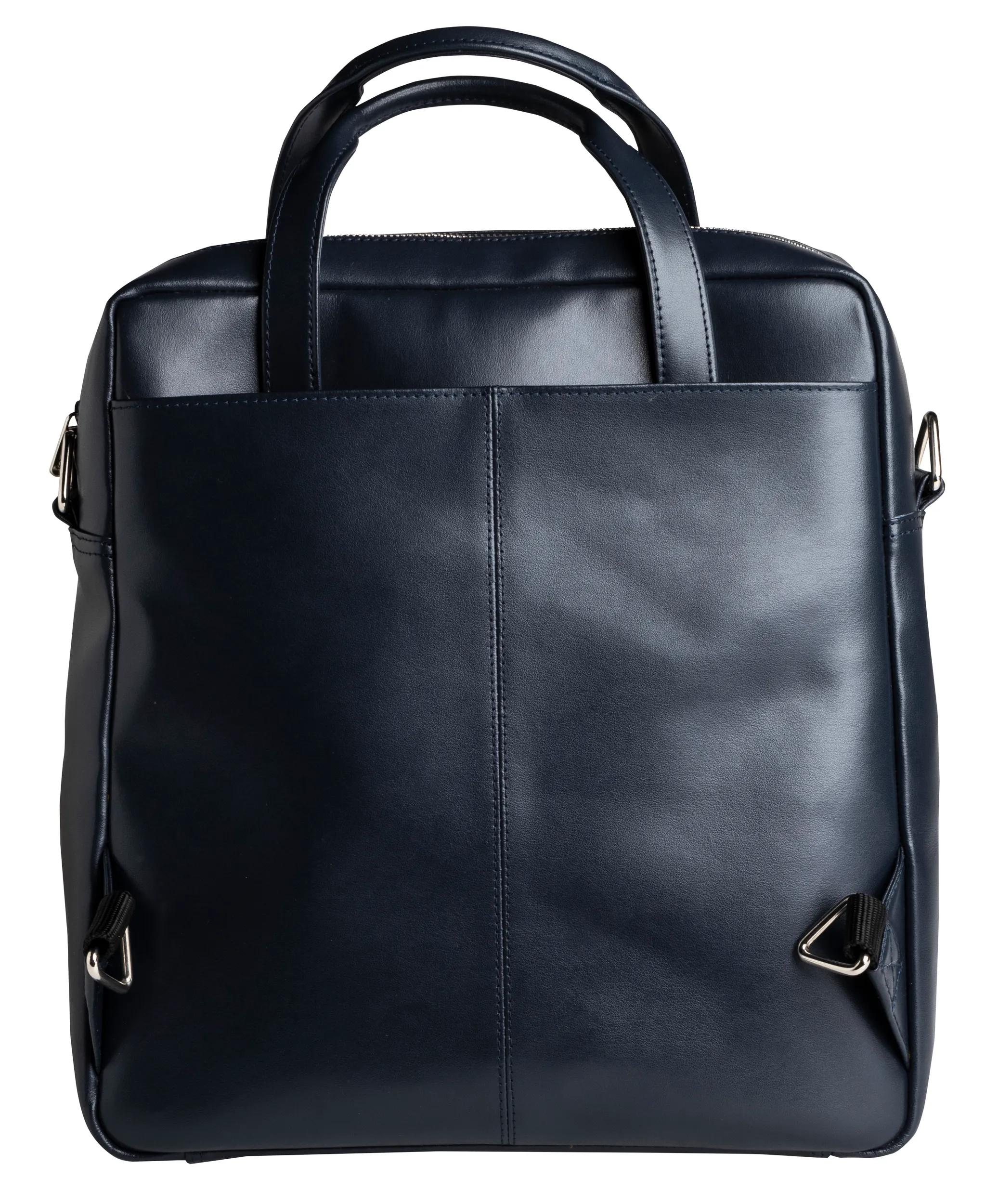 Una mochila de cuero azul oscuro con dos asas y cierre de cremallera.
