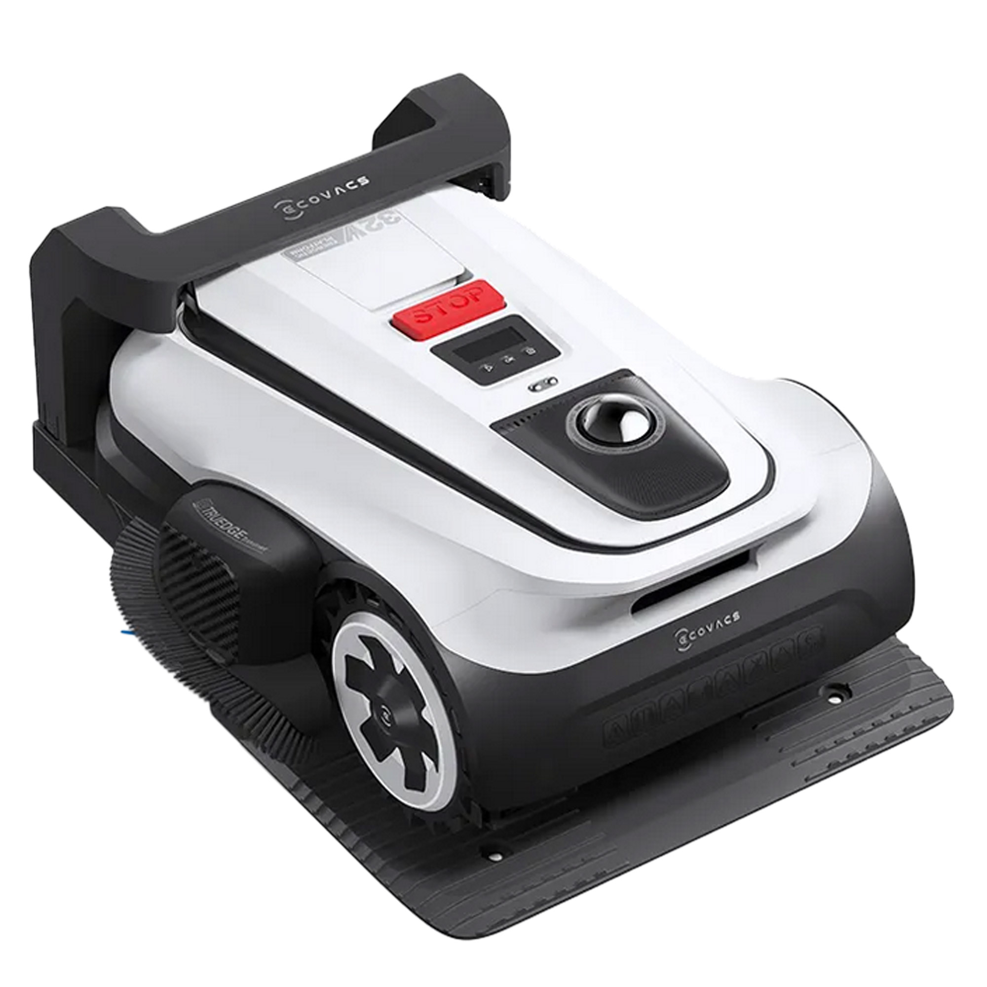Ein weißer und schwarzer Mähroboter mit einem roten Stoppknopf und Rädern.
