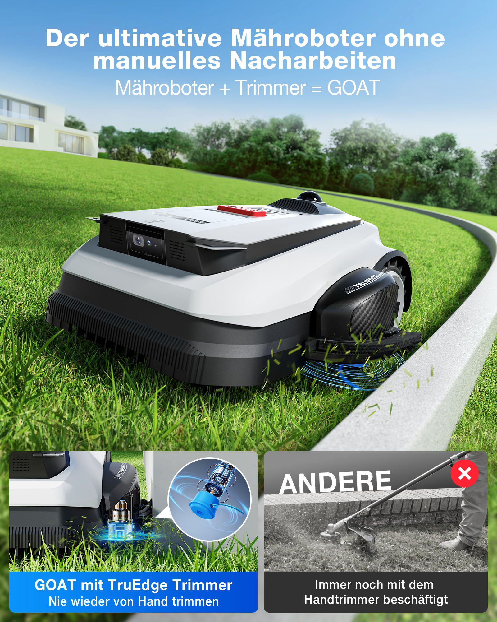 Ein Mähroboter auf einem Rasen, der sich an einer Kante orientiert. Unten sind zwei Vergleiche.