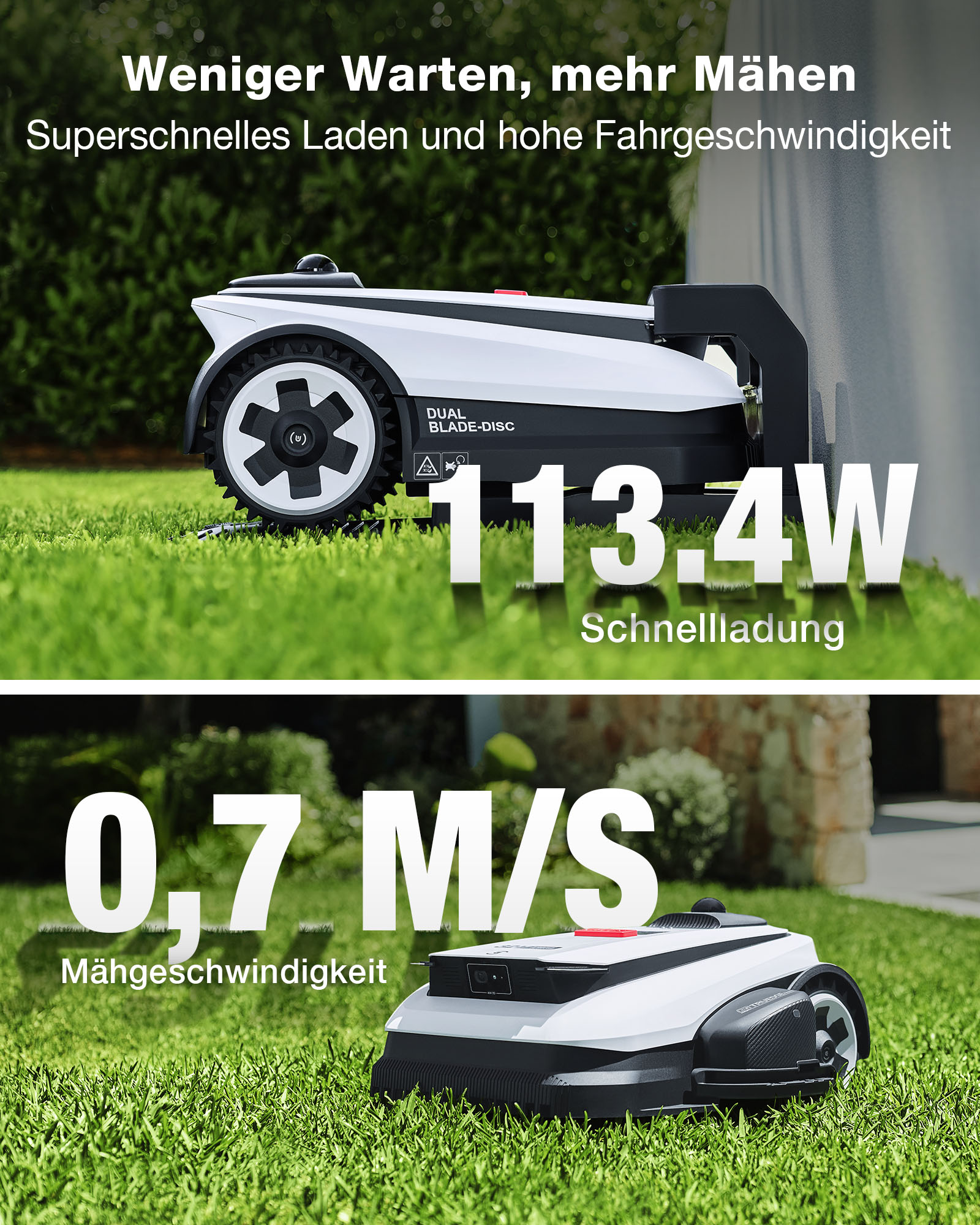 Ein weißer Mähroboter auf grünem Rasen, mit Text über Lade- und Mähgeschwindigkeit.