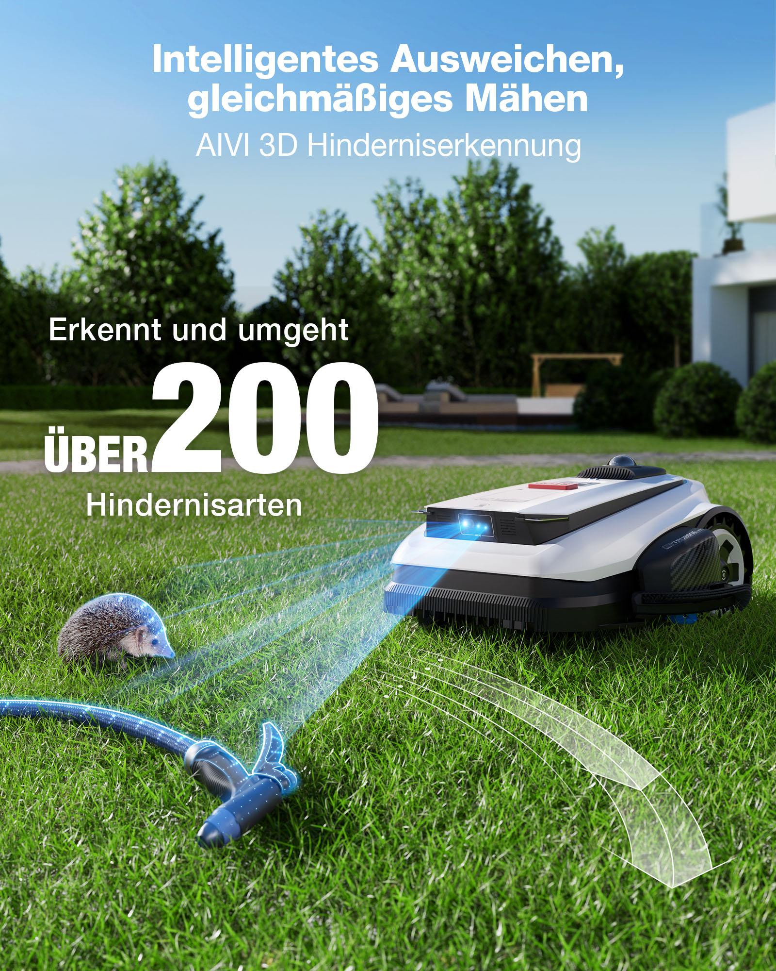 Ein Rasenroboter weicht einem Igel und einem Gartenschlauch aus.
