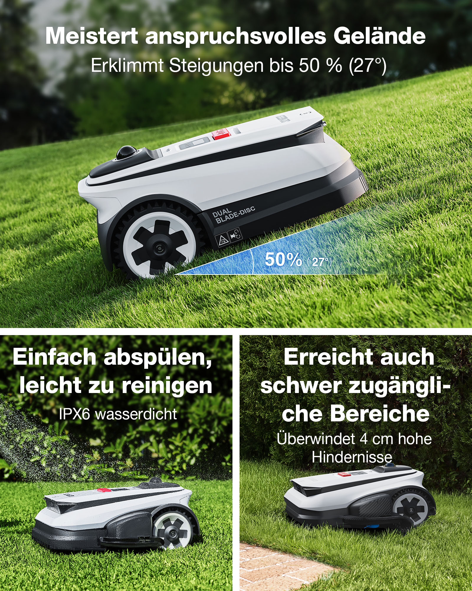 Ein weißer Mähroboter auf einem Rasen, der Steigungen bis 50% bewältigt.