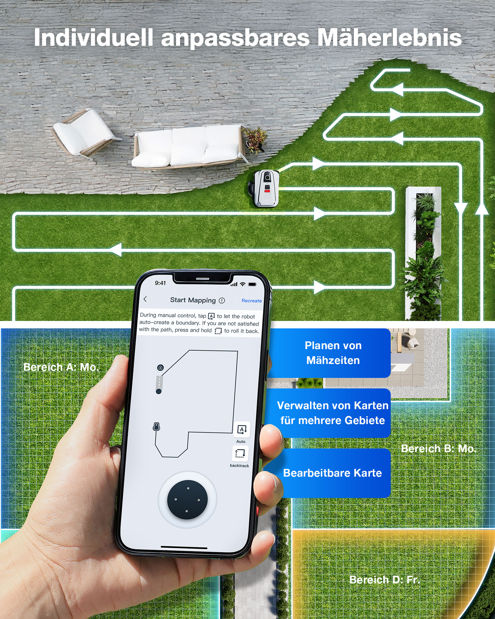 Ein Roboter-Rasenmäher auf einem Rasen mit einem Smartphone, das die Kartierung zeigt.