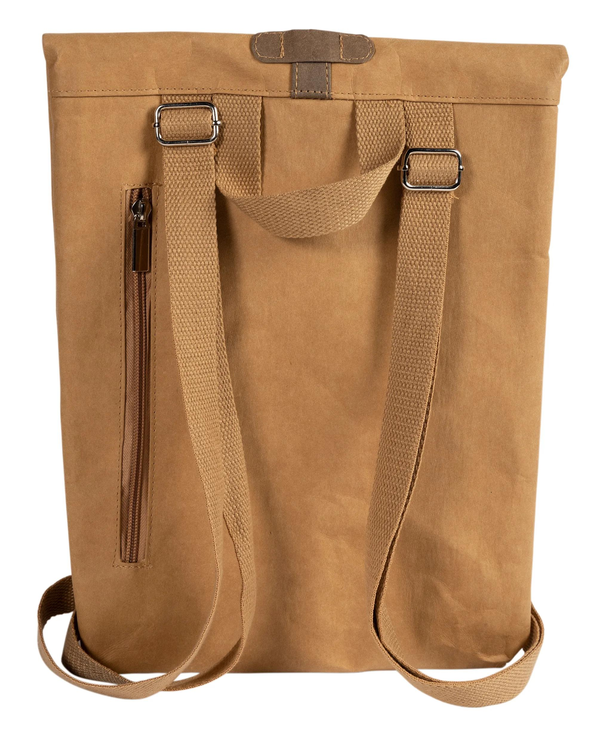 Bolsa de papel marrón con cremallera y correas.