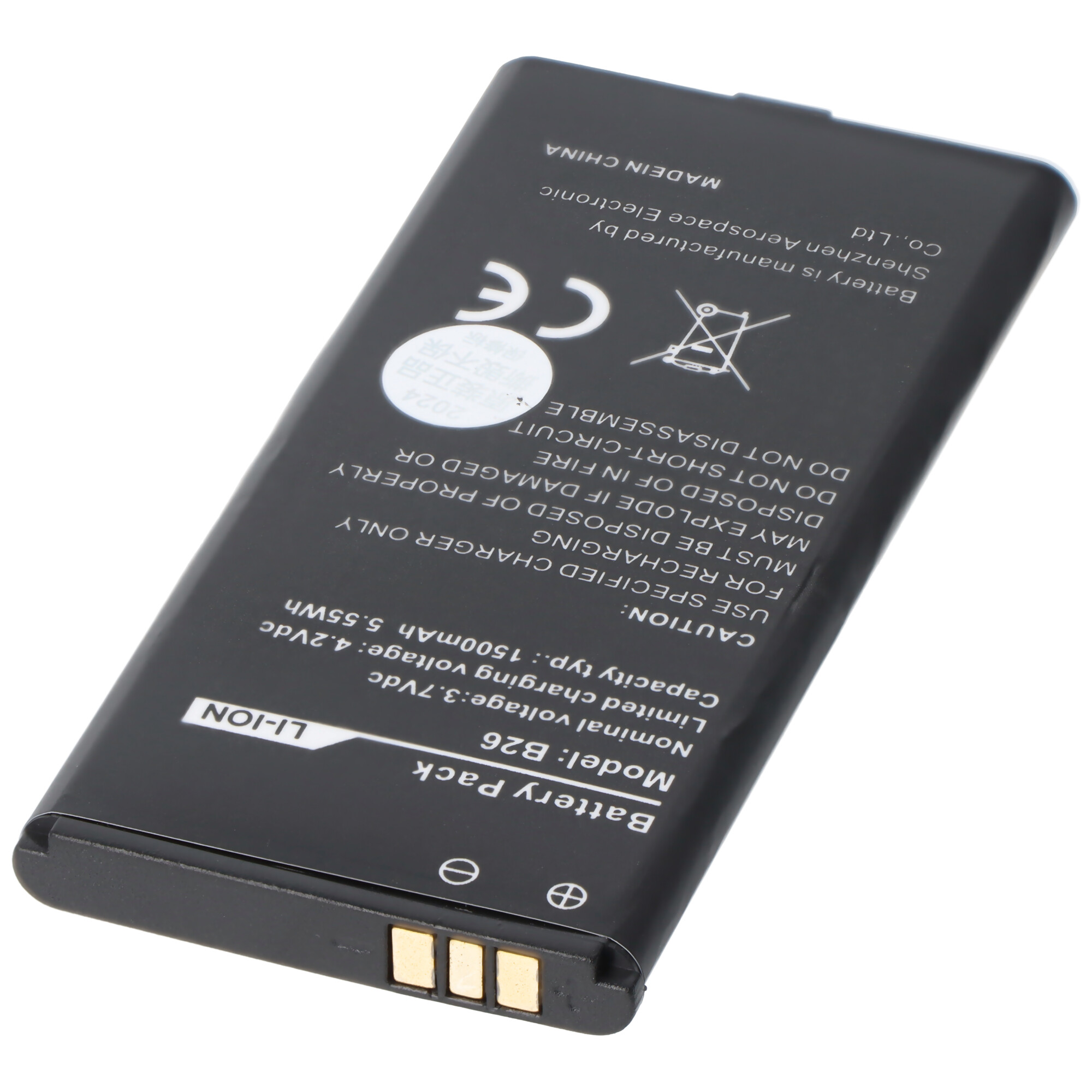 Schwarzer Akku mit Aufdruck: Li-Ion, B26, 3.7V, 1500mAh. CE-Zeichen.