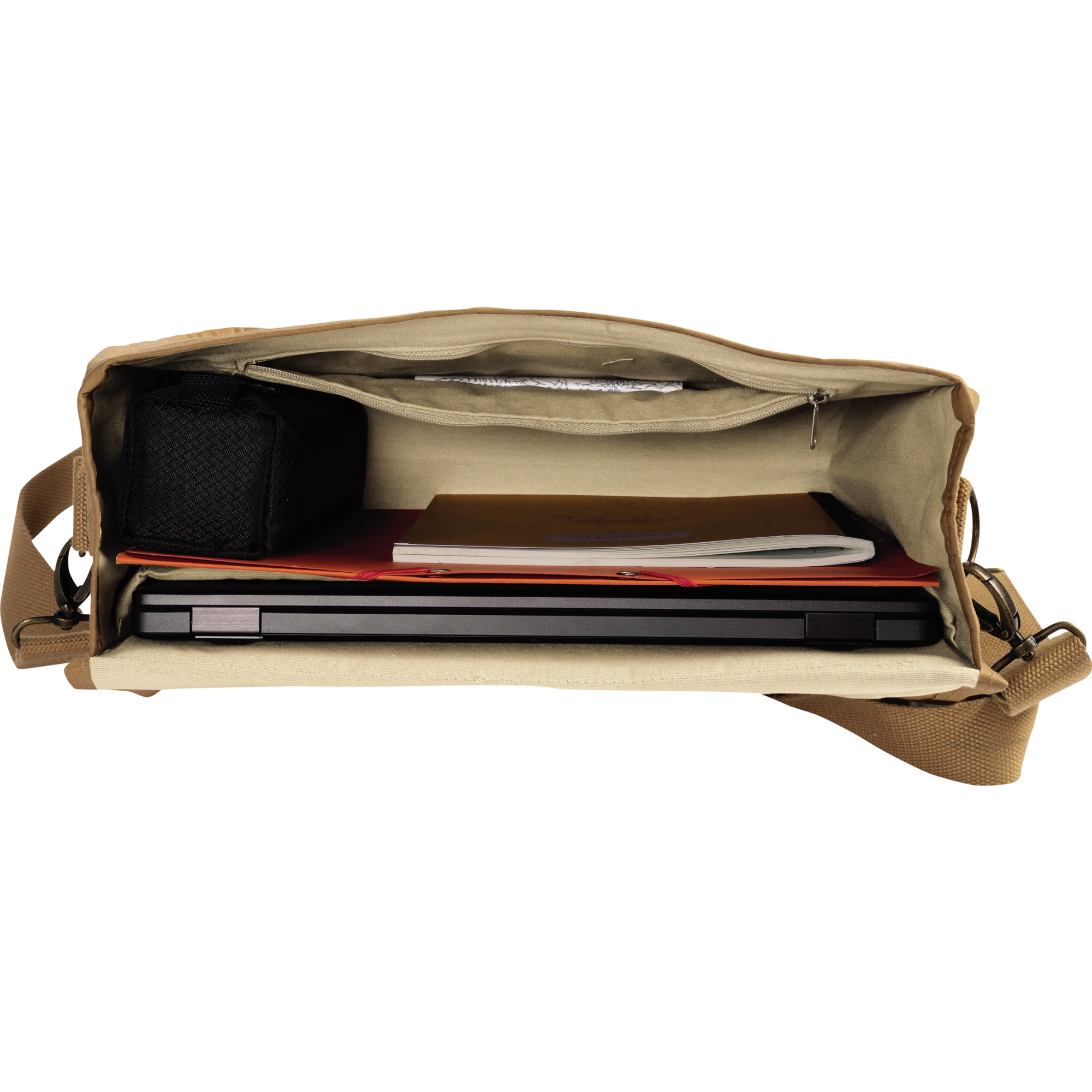 Bolso abierto color canela con laptop, cuaderno y bolsa negra.