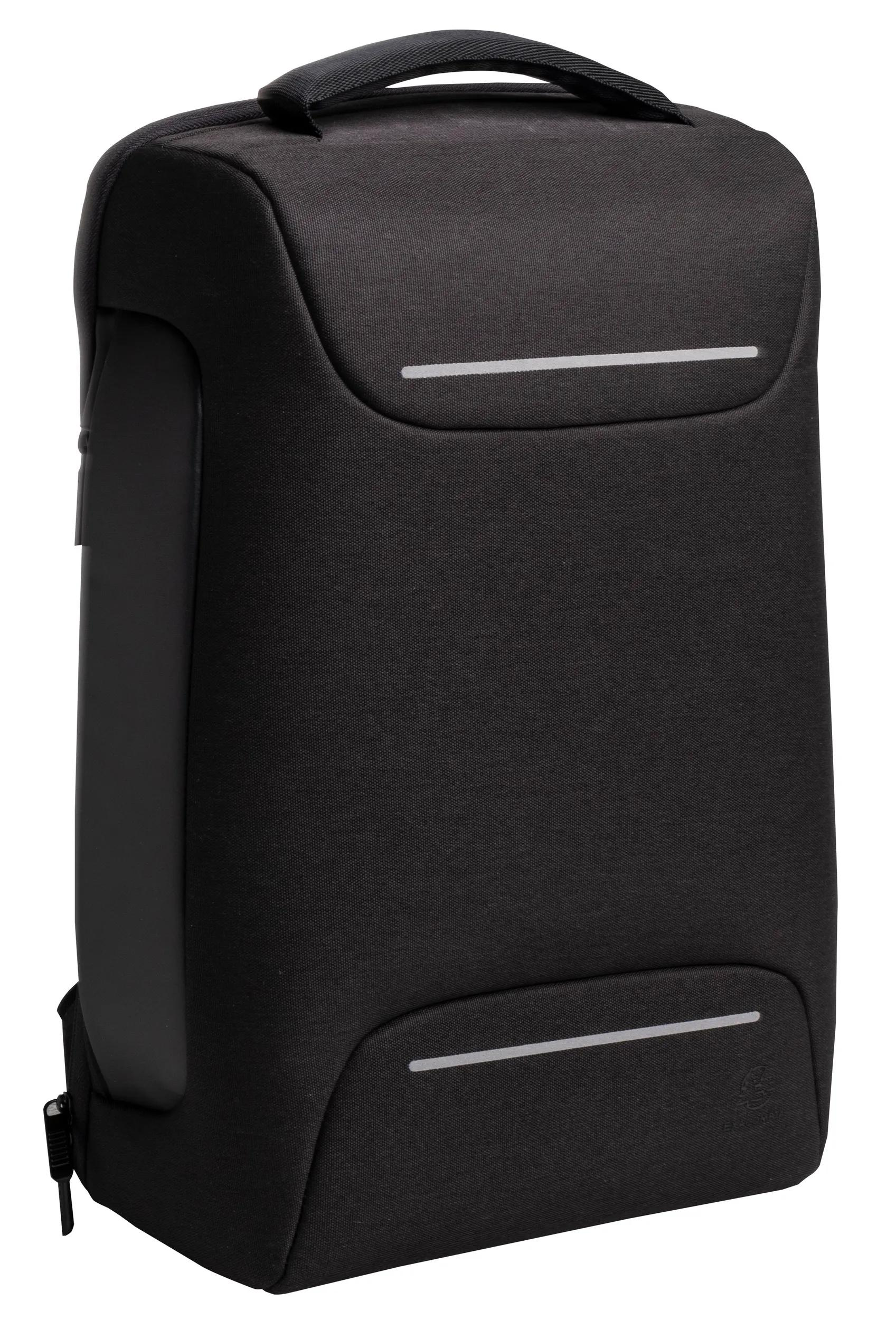 Mochila negra con asa y rayas reflectantes.