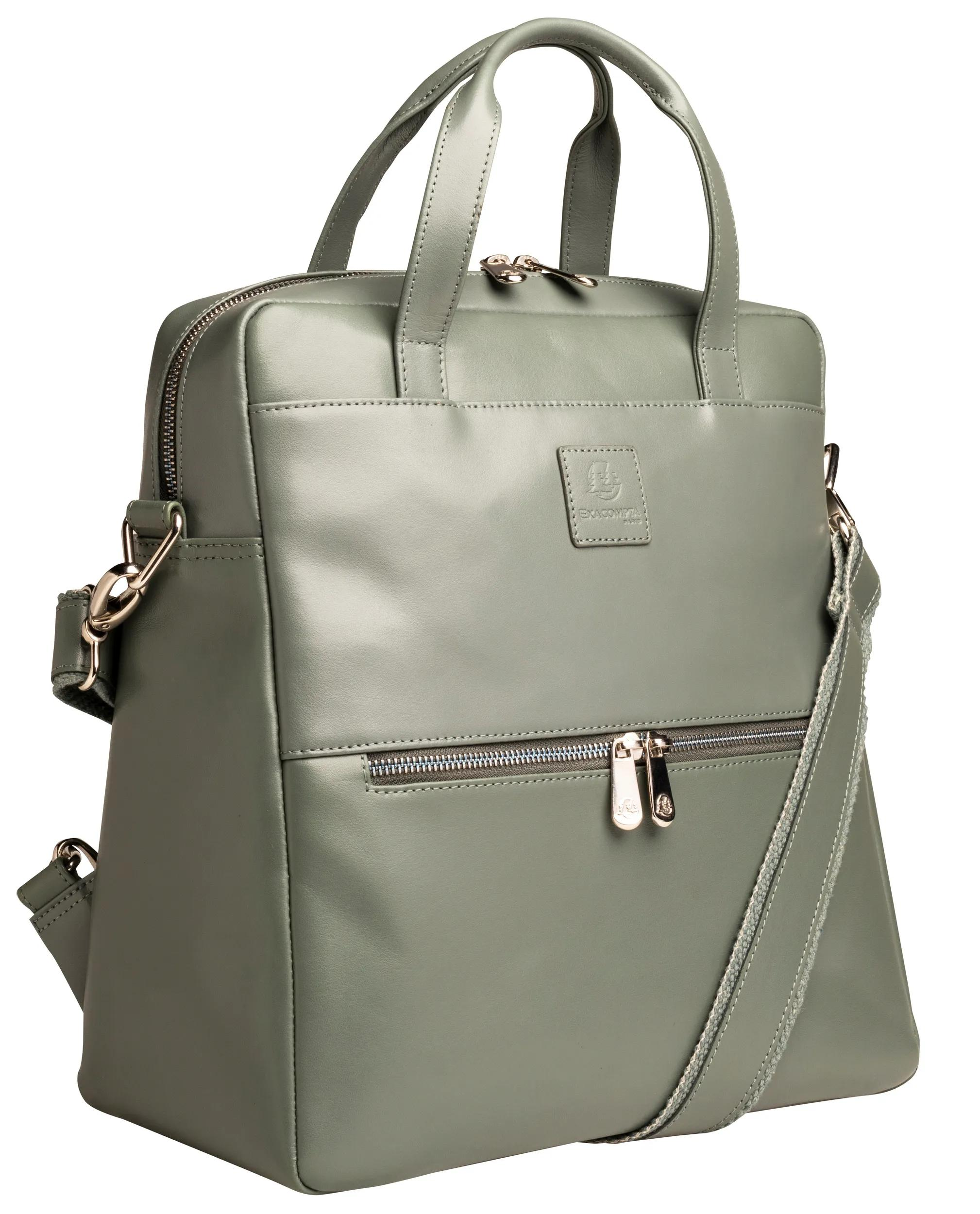 Un bolso de cuero verde grisáceo con cremalleras y correa desmontable.