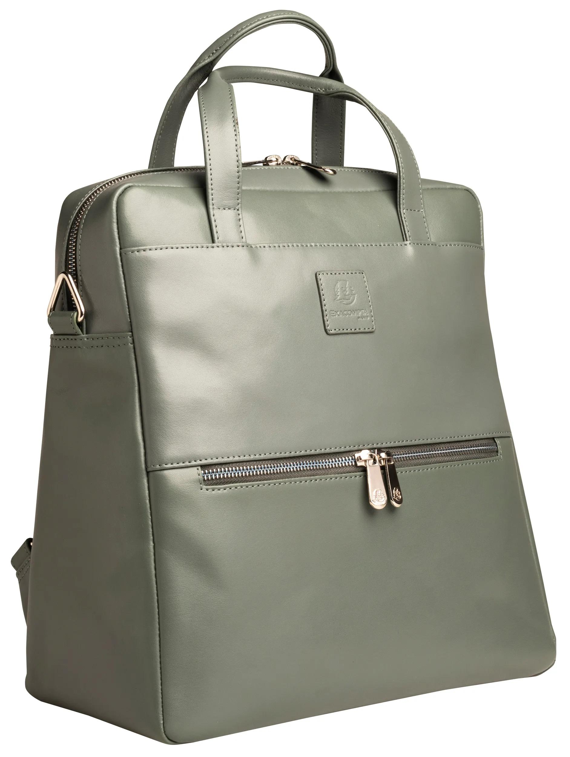 Mochila gris de cuero con dos bolsillos con cremallera y asas.
