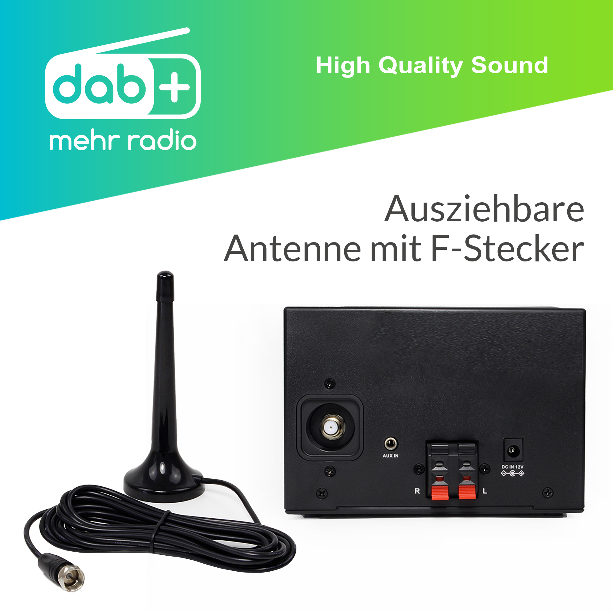 DAB+ Radio mit ausziehbarer Antenne und F-Stecker. Anschlüsse: Aux In, Lautsprecher, DC 12V.