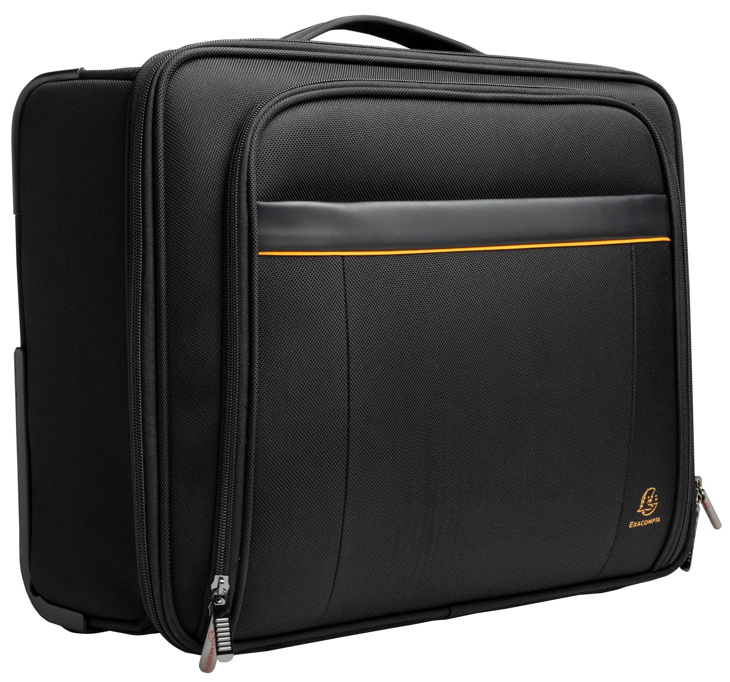 Bolso negro para portátil con detalles naranjas y logo.