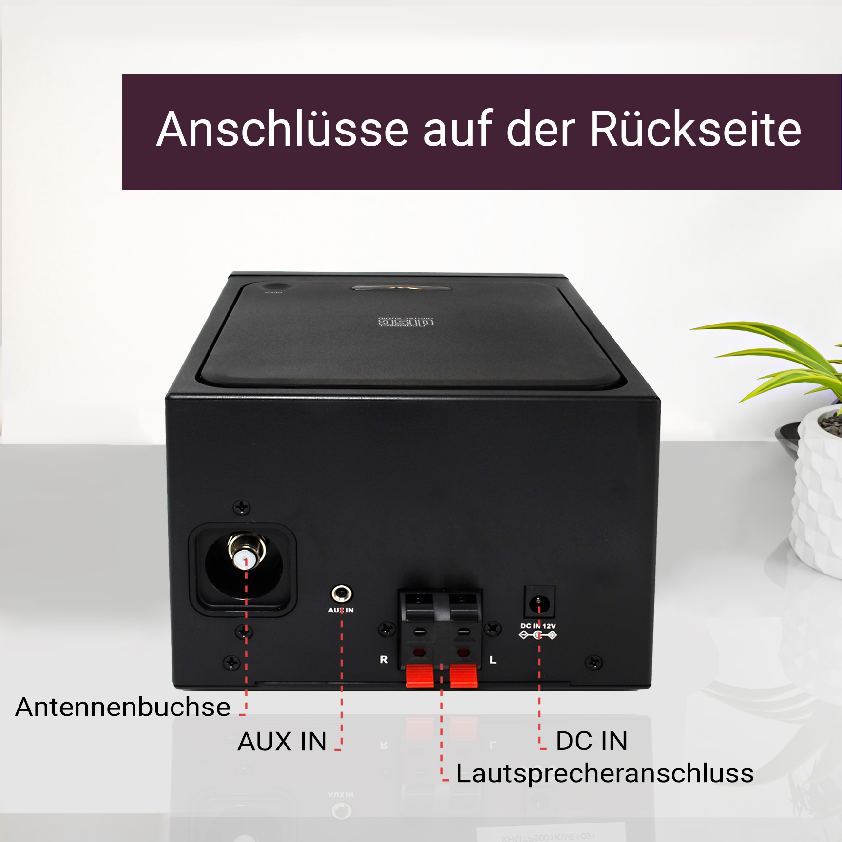 Rückseite eines schwarzen Geräts mit Anschlüssen: Antenne, AUX IN, Lautsprecher, DC IN.