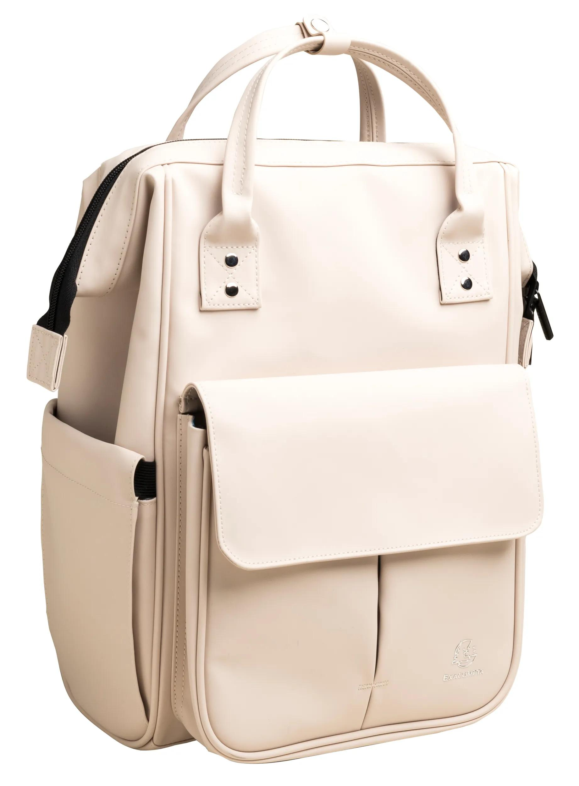 Bolso mochila de cuero sintético color crema con bolsillos y cierre de cremallera.