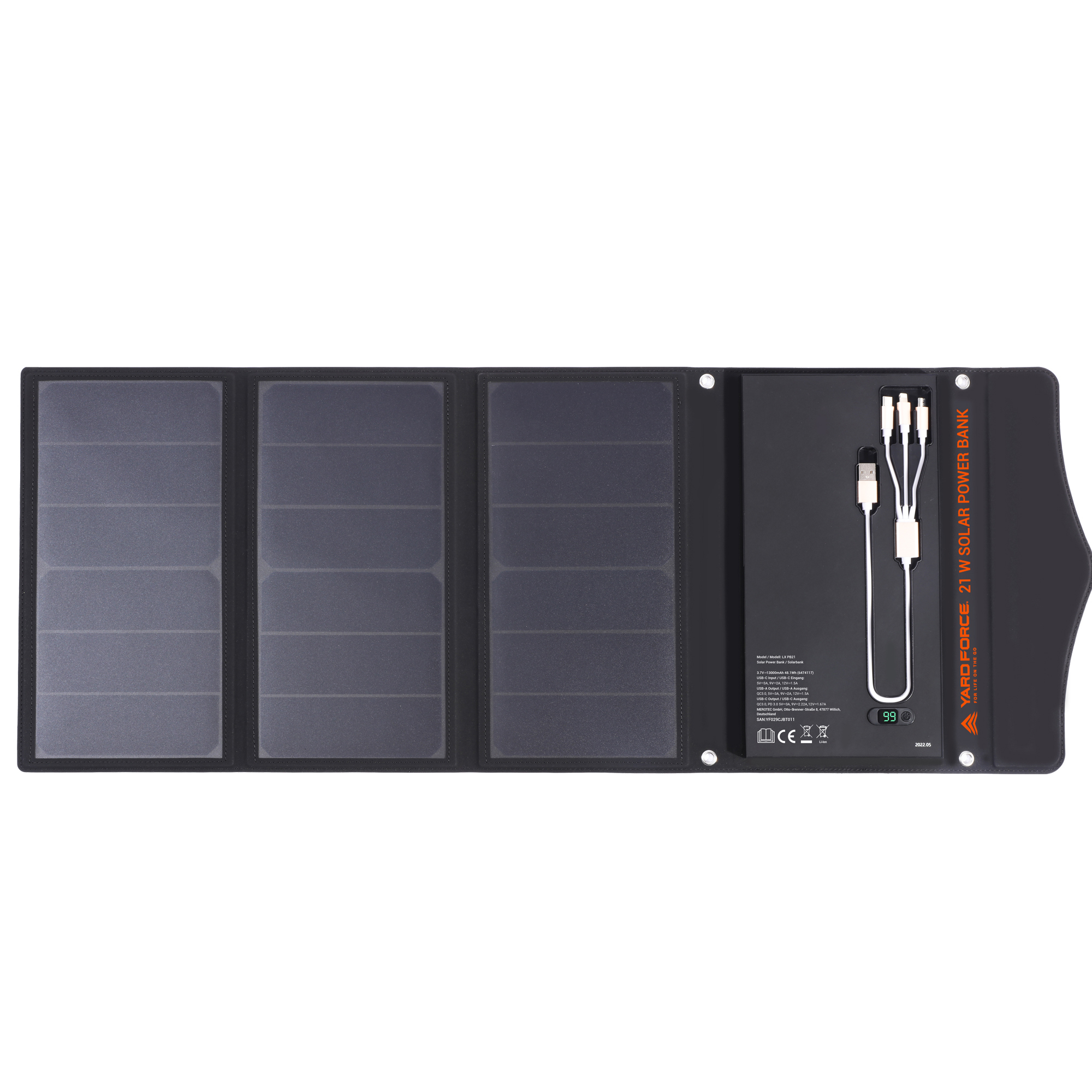 Schwarzer Solar-Powerbank mit drei Solarpanels und Ladekabeln.
