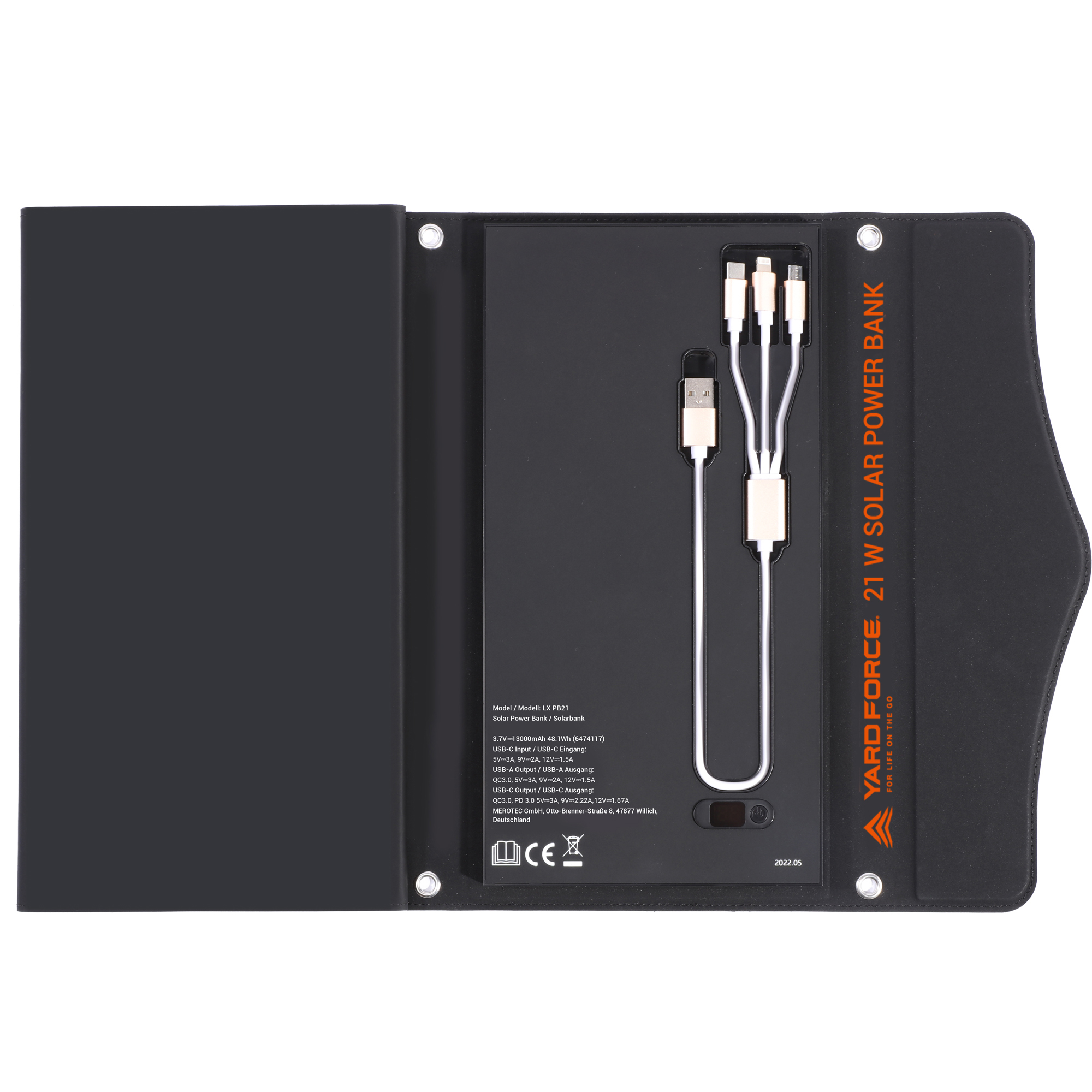 Schwarzes Solar-Powerbank-Etui mit integrierten Kabeln und Beschriftung.