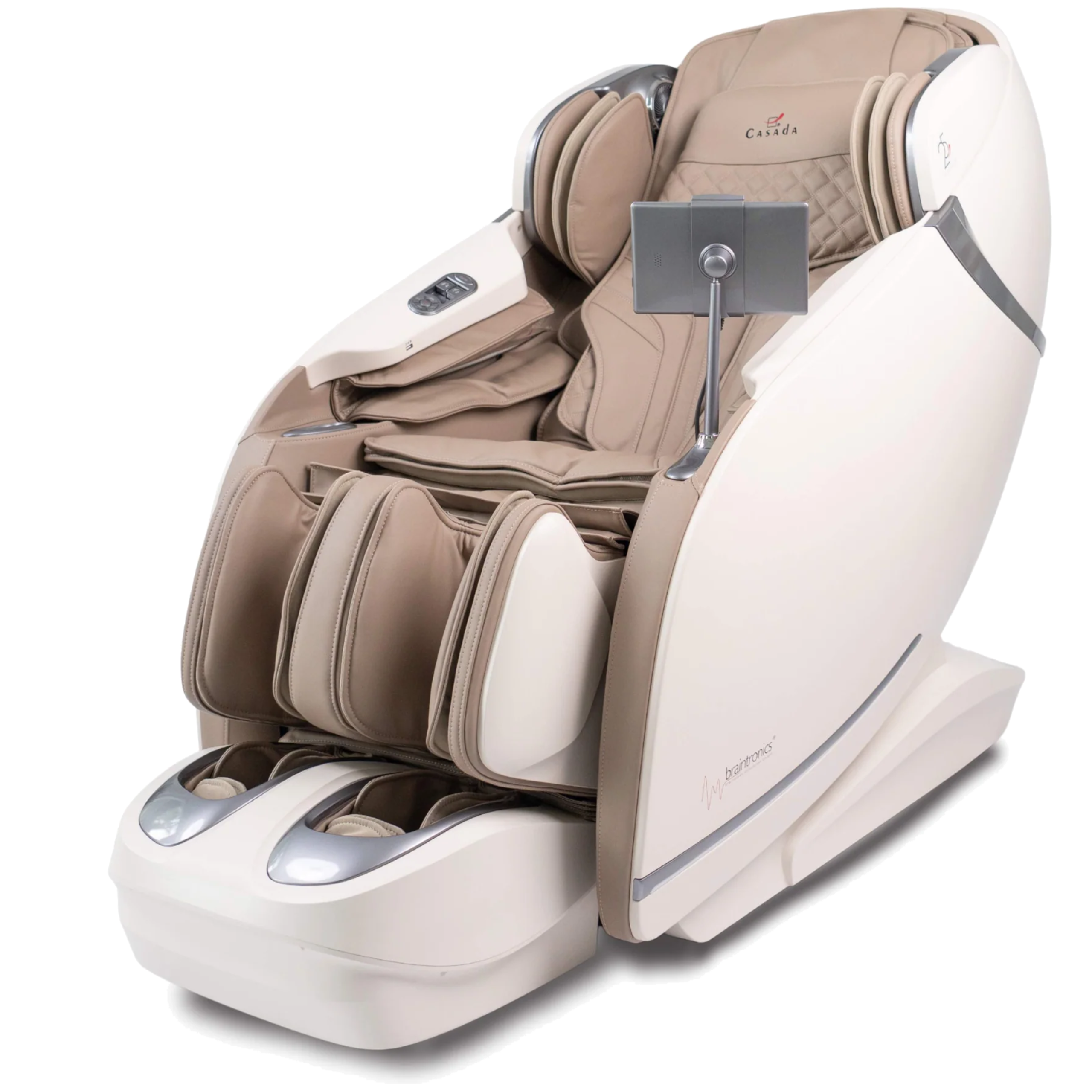 Beżowy i biały fotel masujący z podłokietnikami, podnóżkami i panelem sterowania.