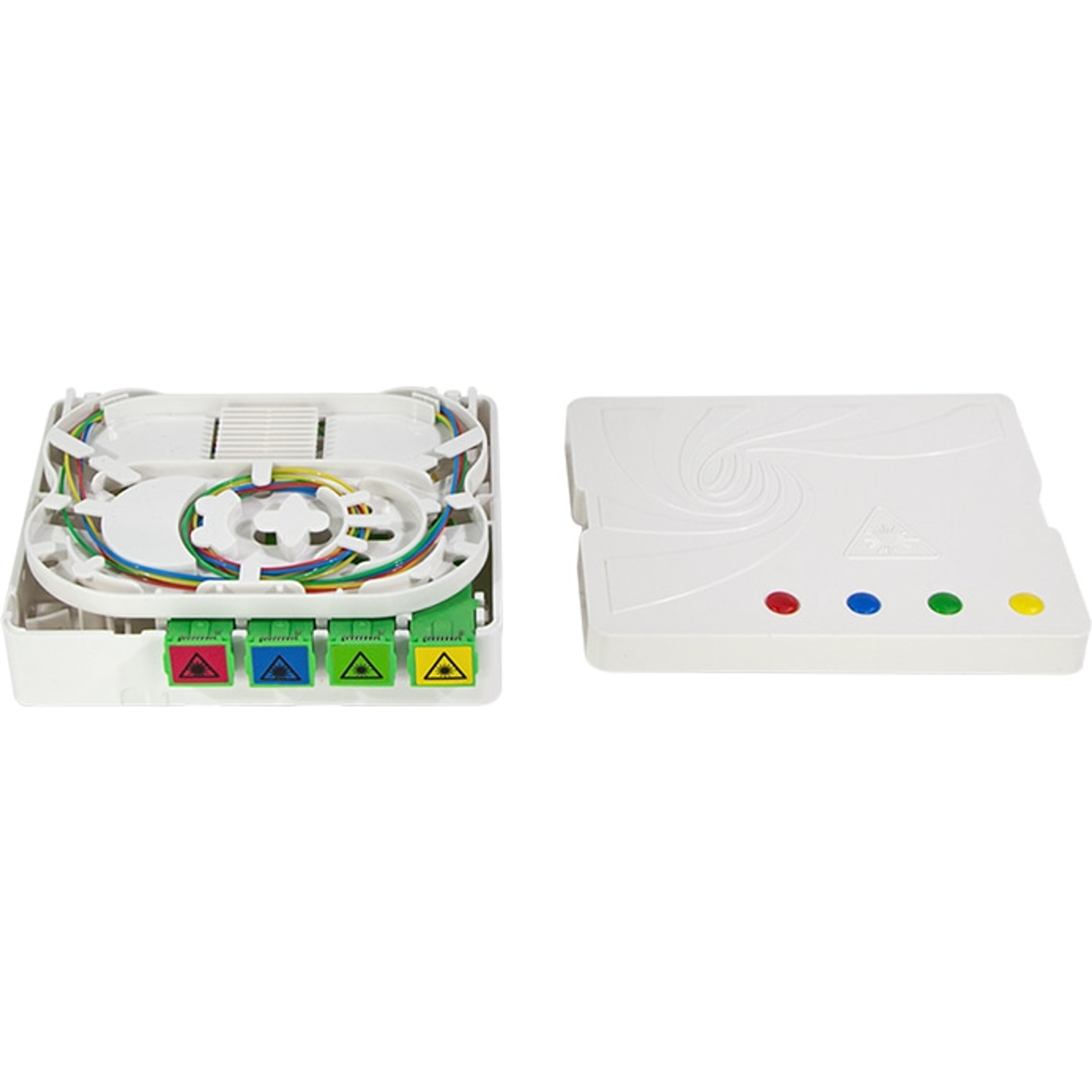 Uno splitter in fibra bianco con cavi colorati e quattro connettori.