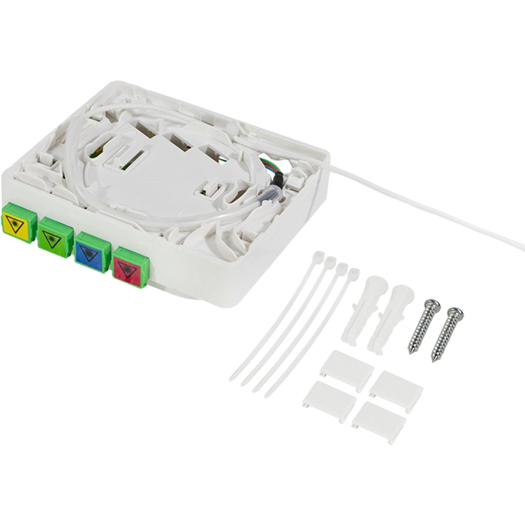 Una scatola di distribuzione in fibra ottica bianca con quattro connettori.
