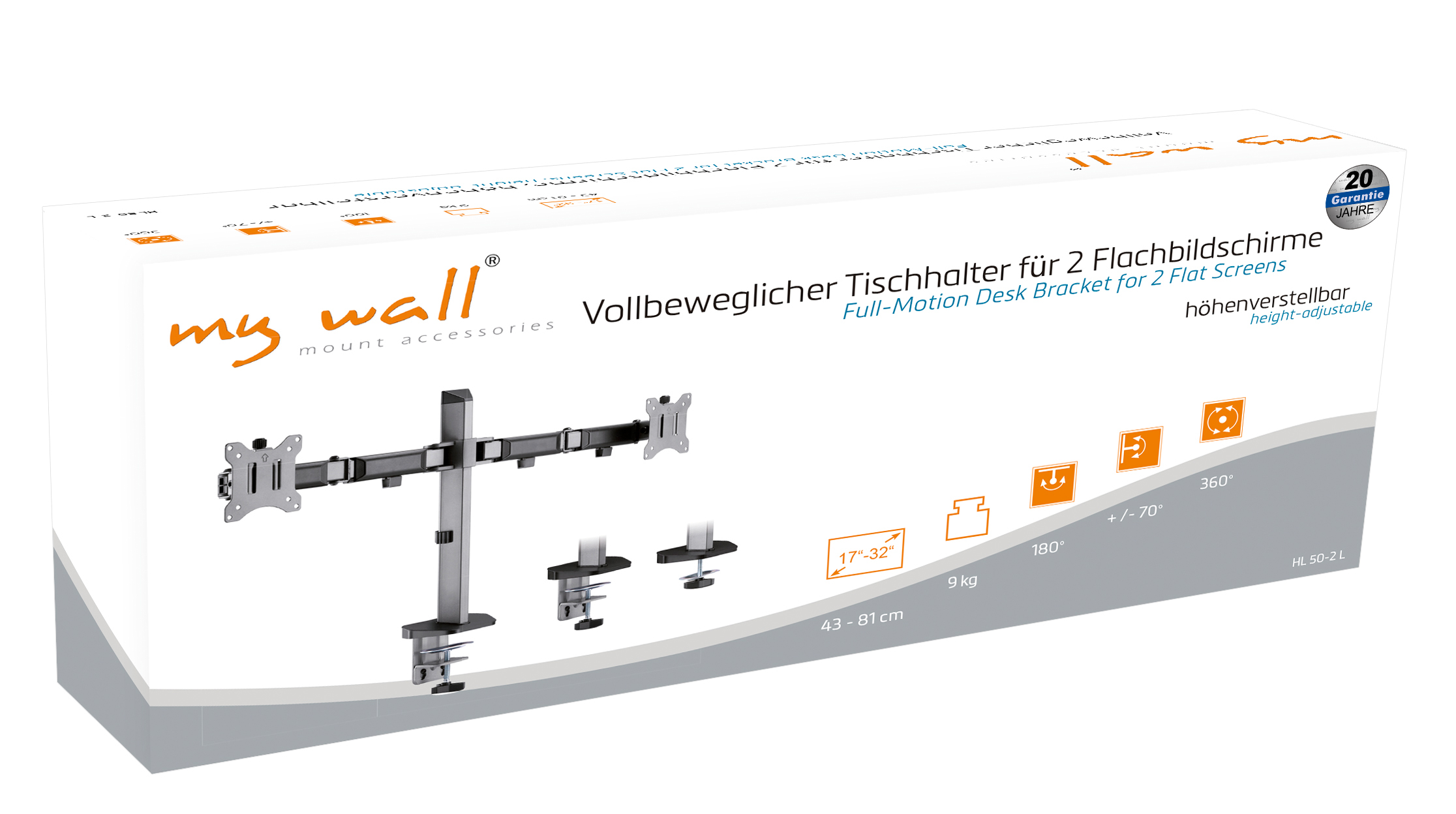 Verpackung eines Tischhalters für zwei Flachbildschirme mit Montagezubehör.