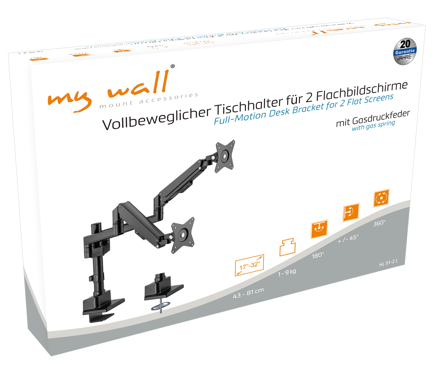 Verpackung für einen flexiblen Schreibtischhalter für 2 Bildschirme mit Gasfeder.