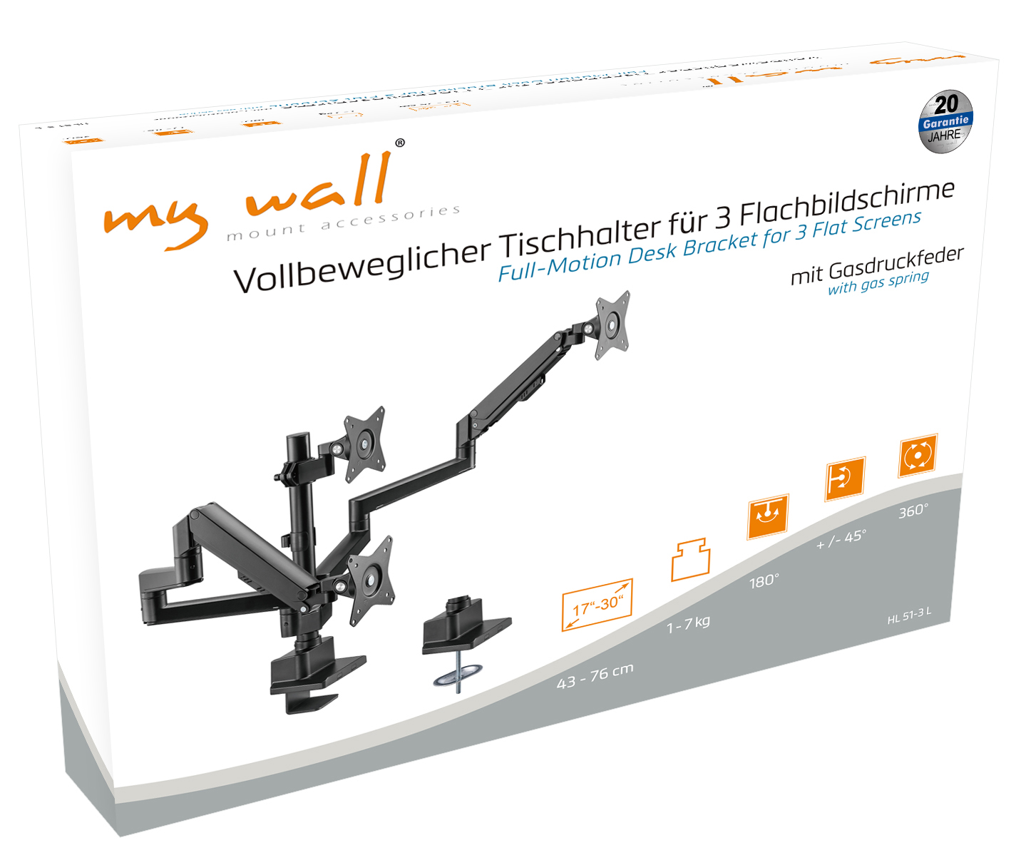 Verpackung für einen Schreibtischarm für 3 Monitore mit Gasfeder.