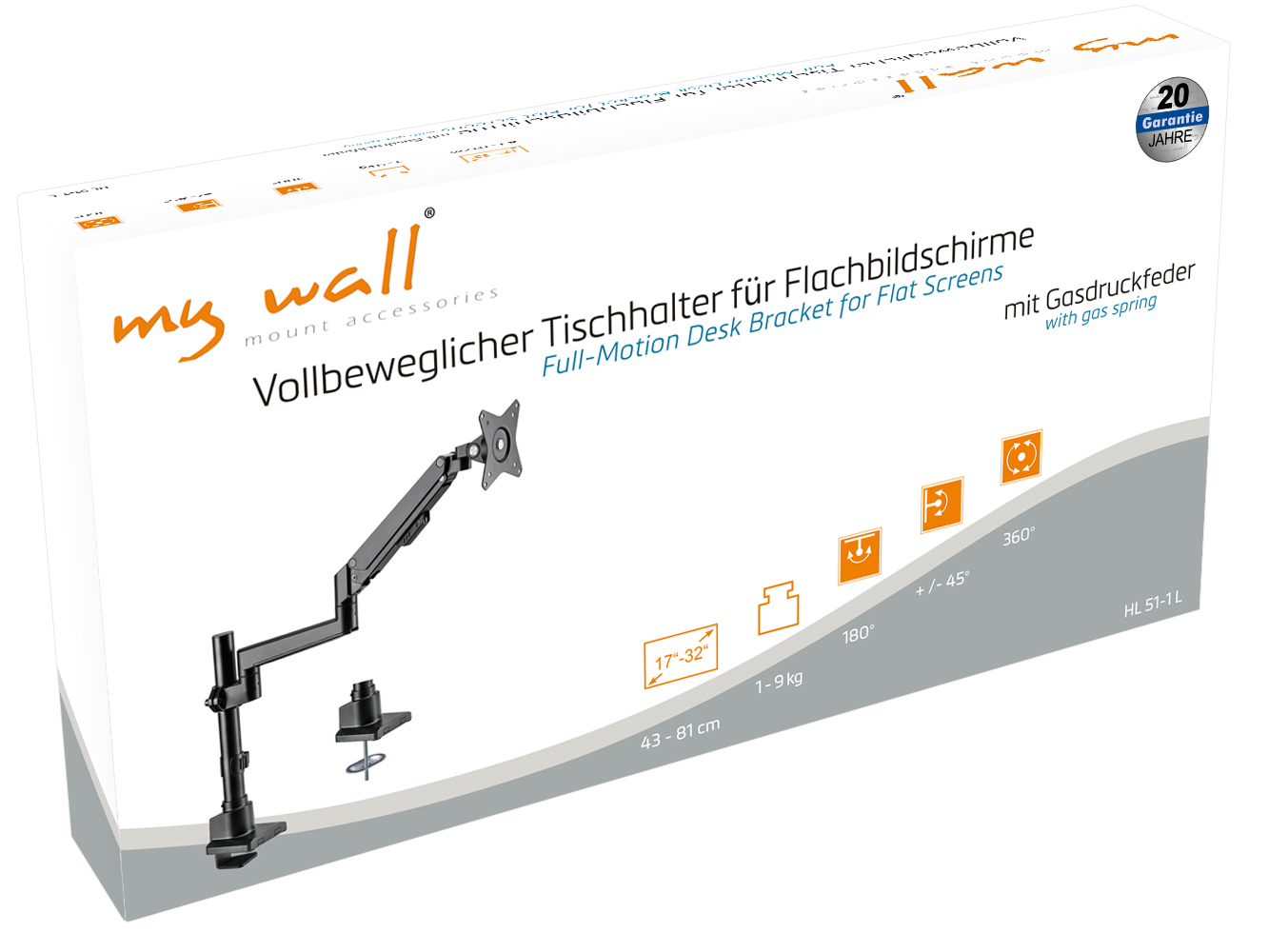 Verpackung eines voll beweglichen Tischhalters mit Gasfeder für Flachbildschirme.