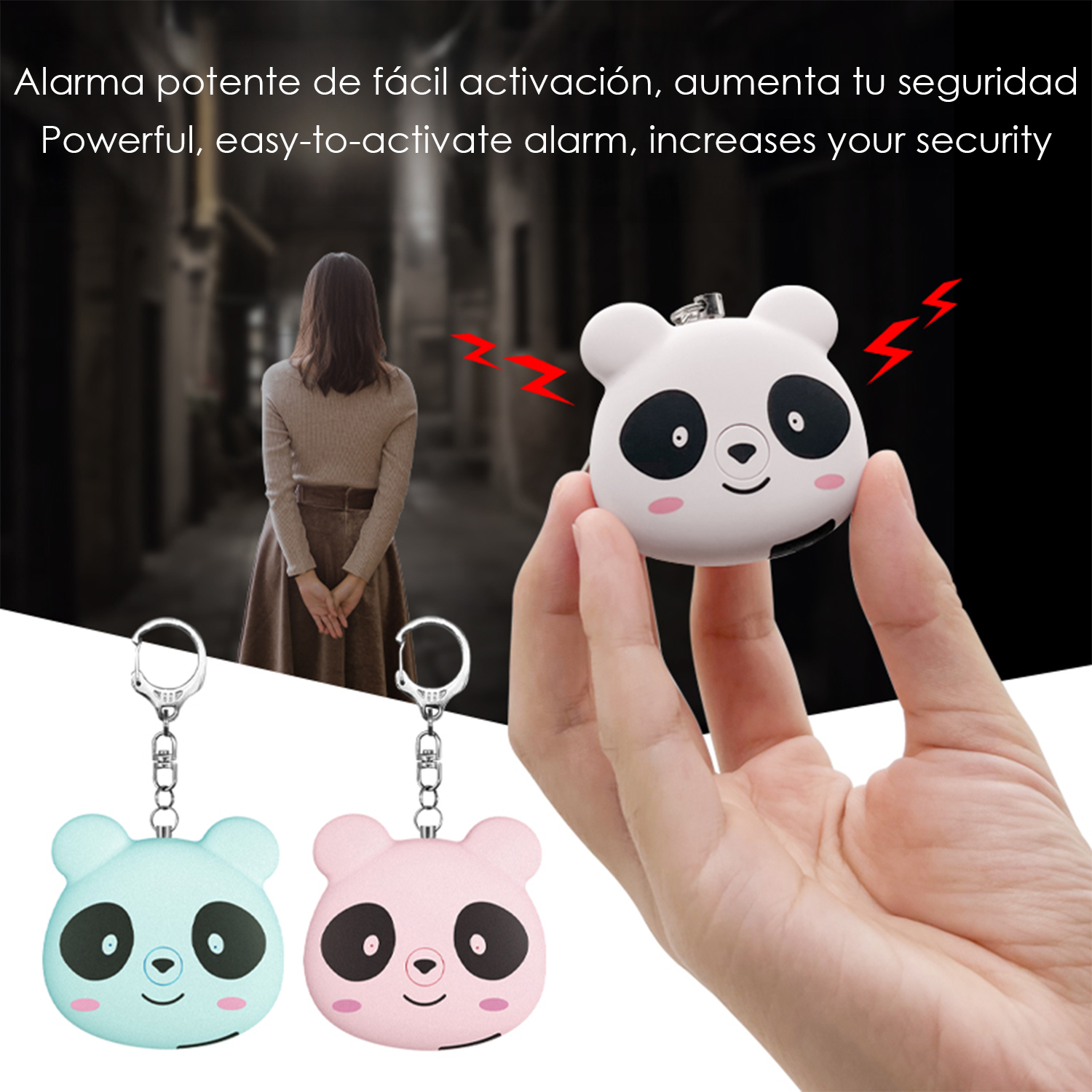 Mano sosteniendo alarma de panda, dos llaveros de panda más cerca.
