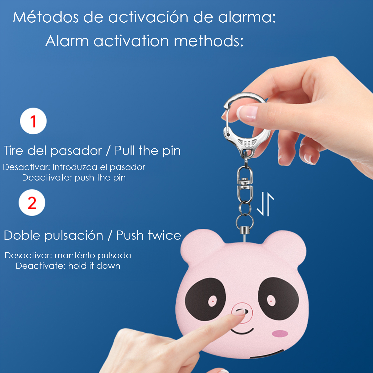 Una mano sujeta un llavero de alarma con forma de panda rosa. Otra mano lo presiona.