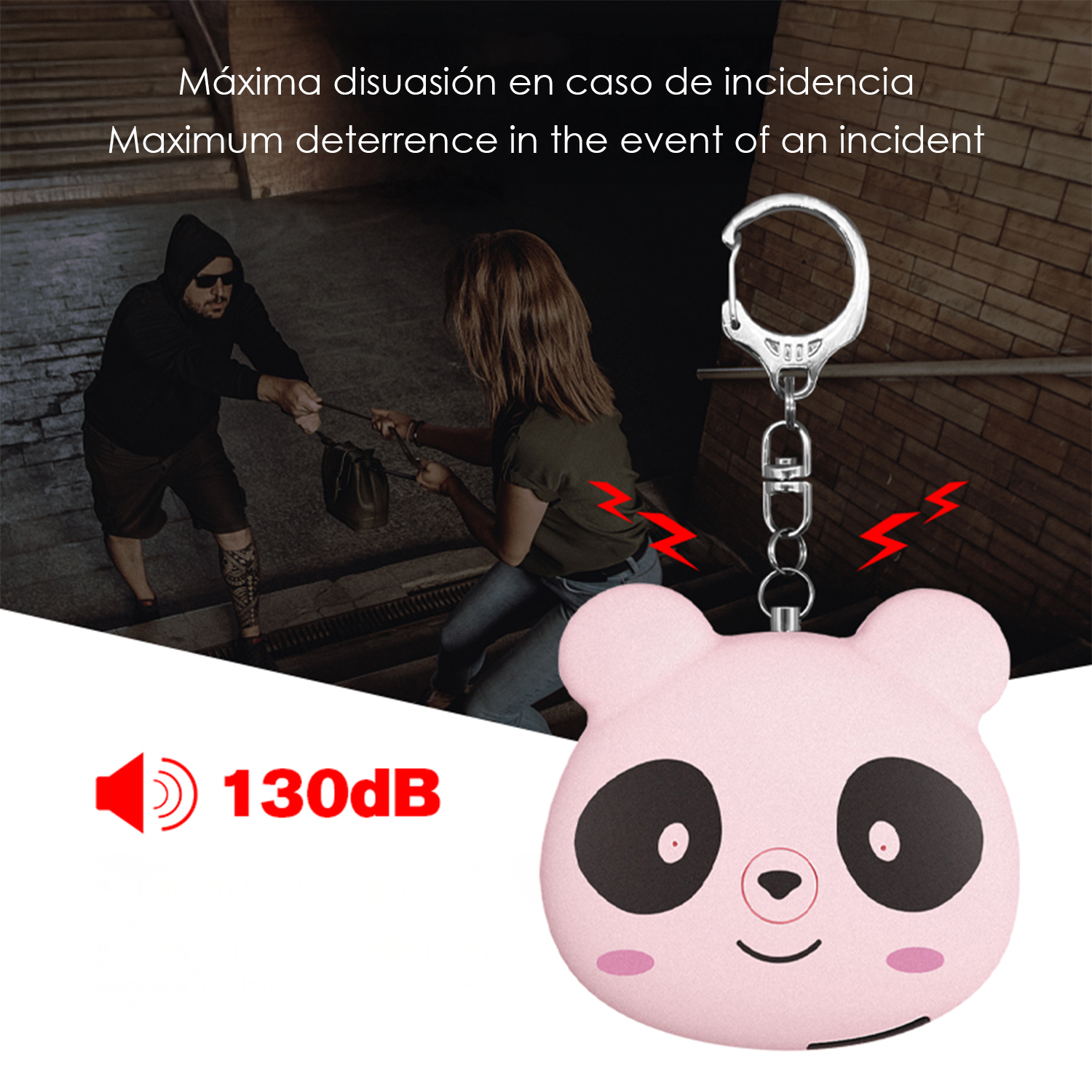 Un hombre arrebata un bolso a una mujer. Un llavero panda rosa con 130 dB.