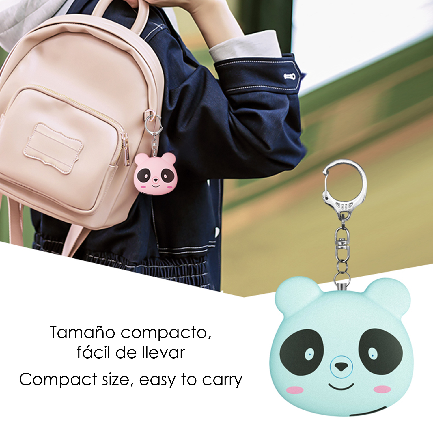 Llavero de panda rosa en mochila, panda azul a la derecha.