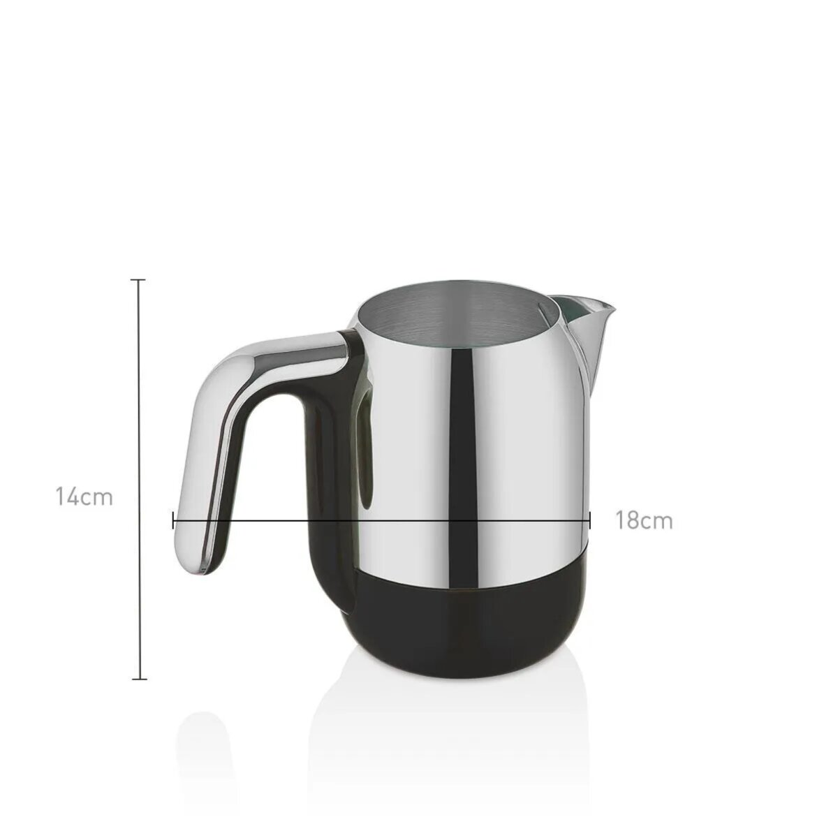 Gümüş ve siyah kulplu sürahi, 14cm yüksekliğinde ve 18cm genişliğinde.