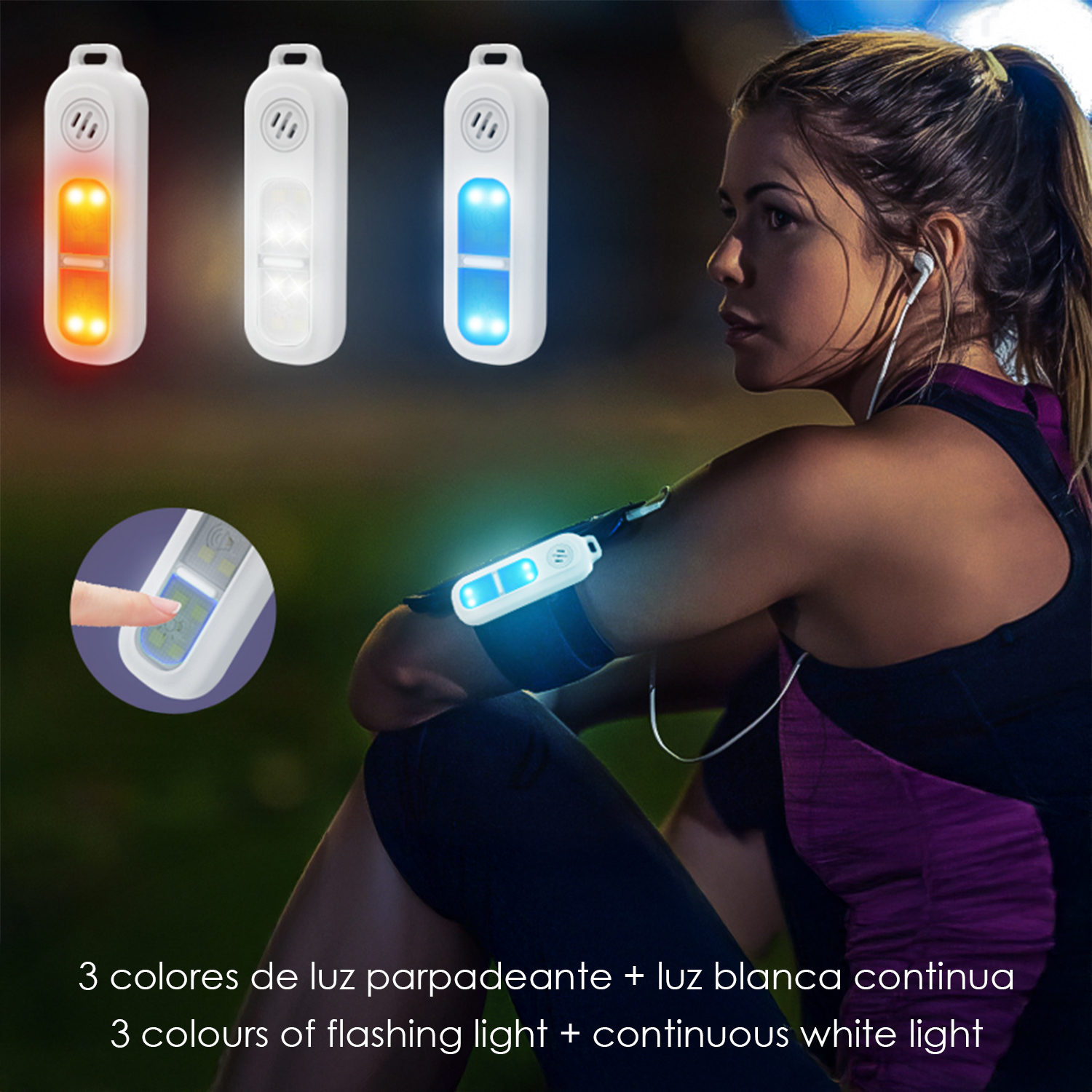 Una corredora lleva una luz intermitente en tres colores: naranja, blanco y azul.