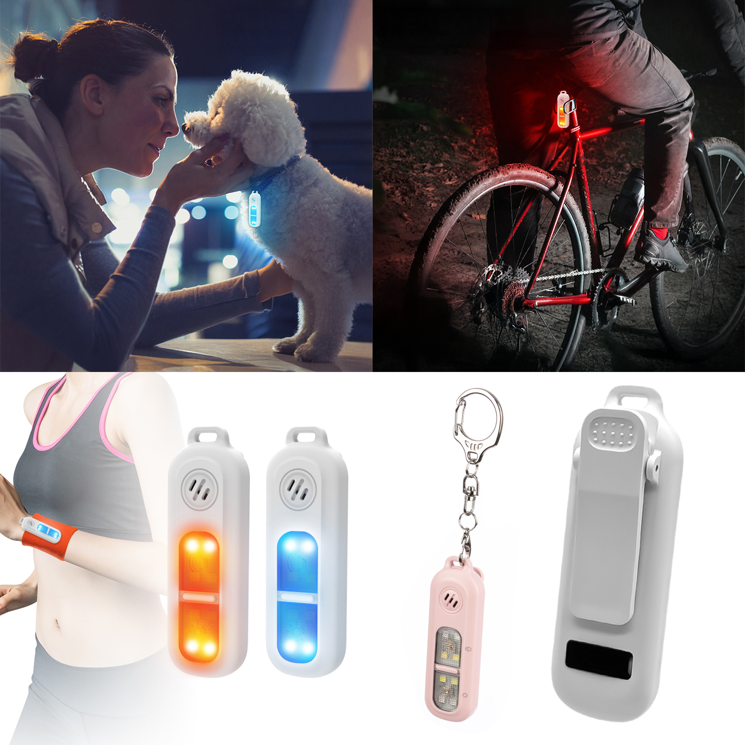 Cuatro imágenes: mujer con perro, ciclista nocturno, atleta con brazalete, llavero.