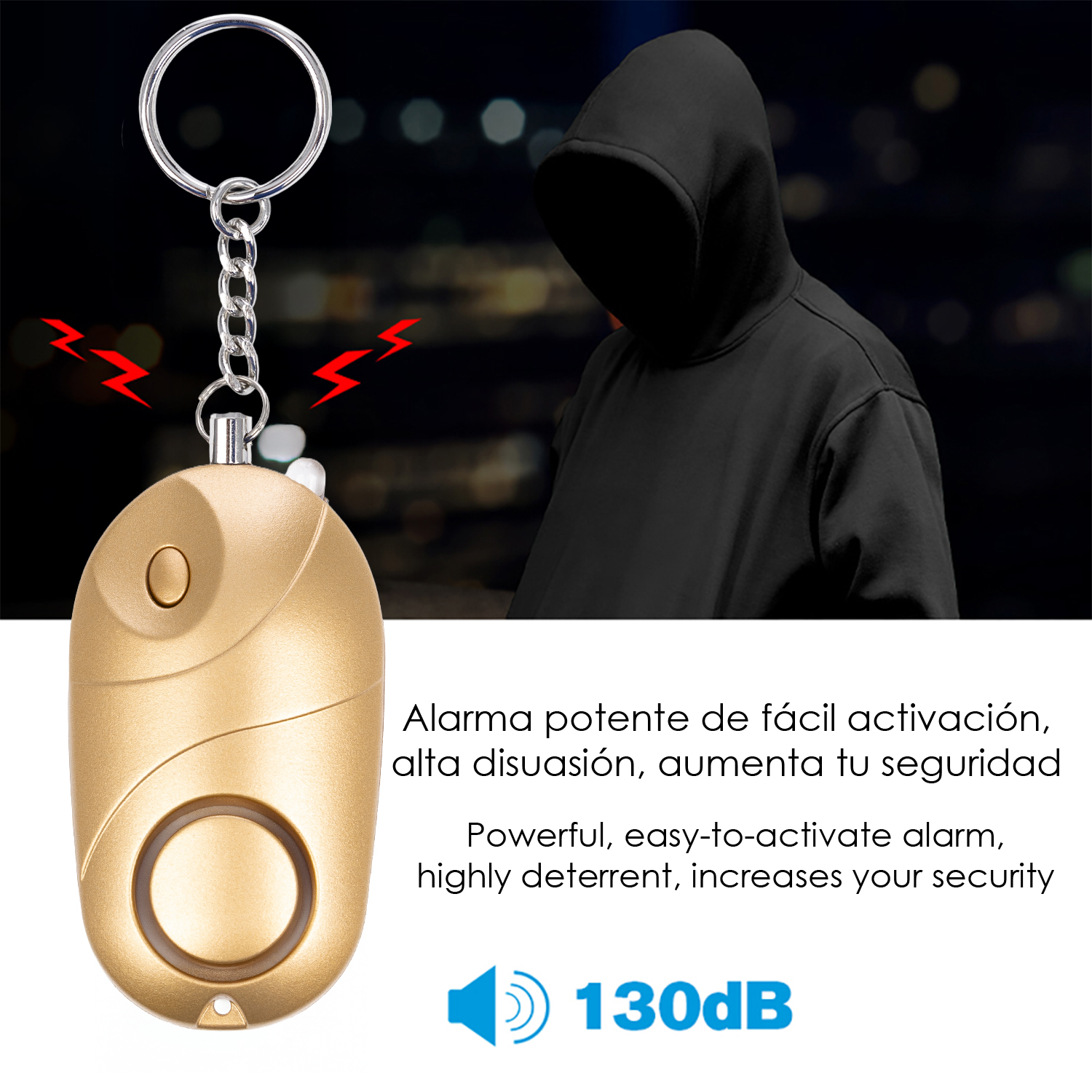 Alarma dorada de llavero con rayos rojos y figura encapuchada negra.