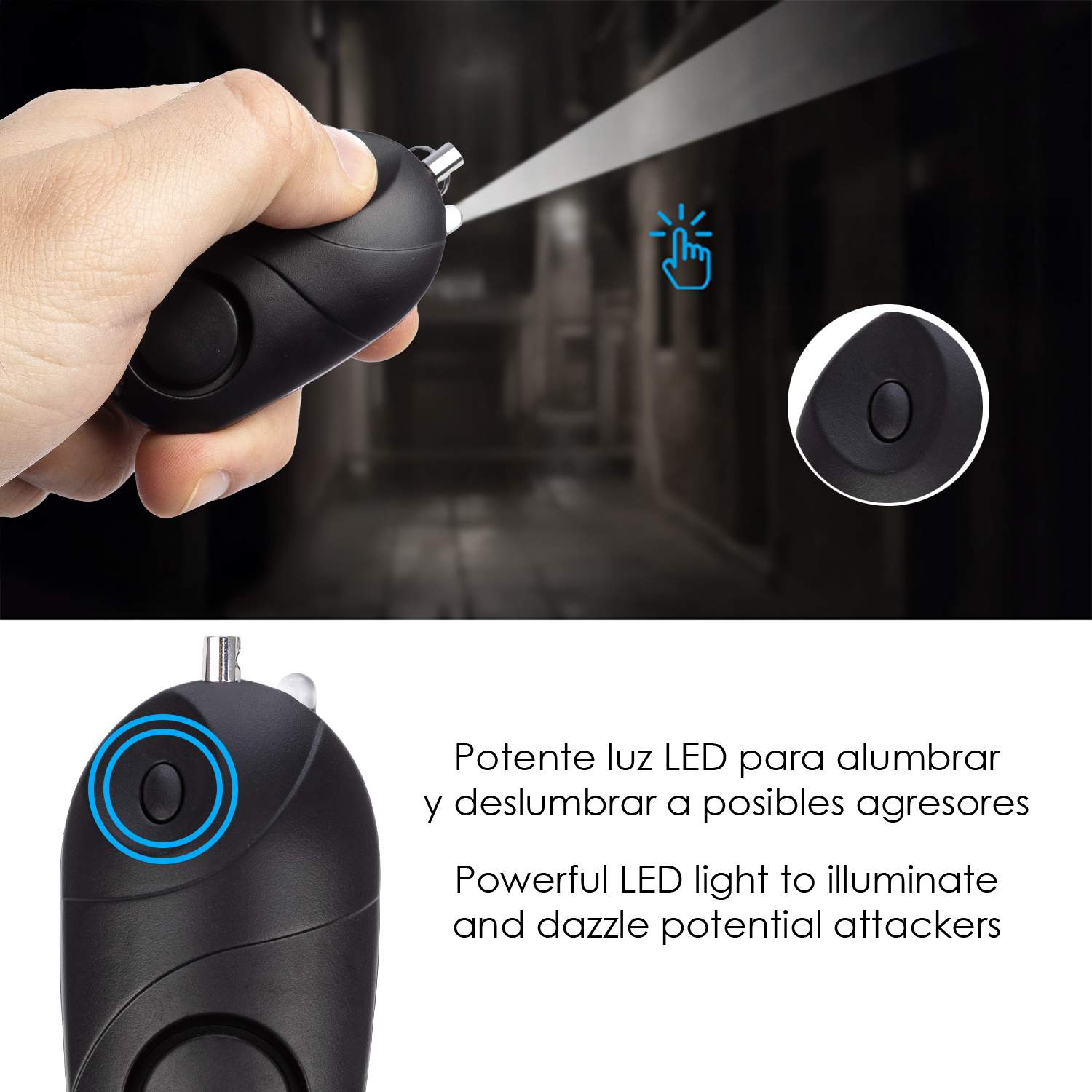 Mano sostiene dispositivo negro emitiendo haz de luz LED. Primer plano de un botón.