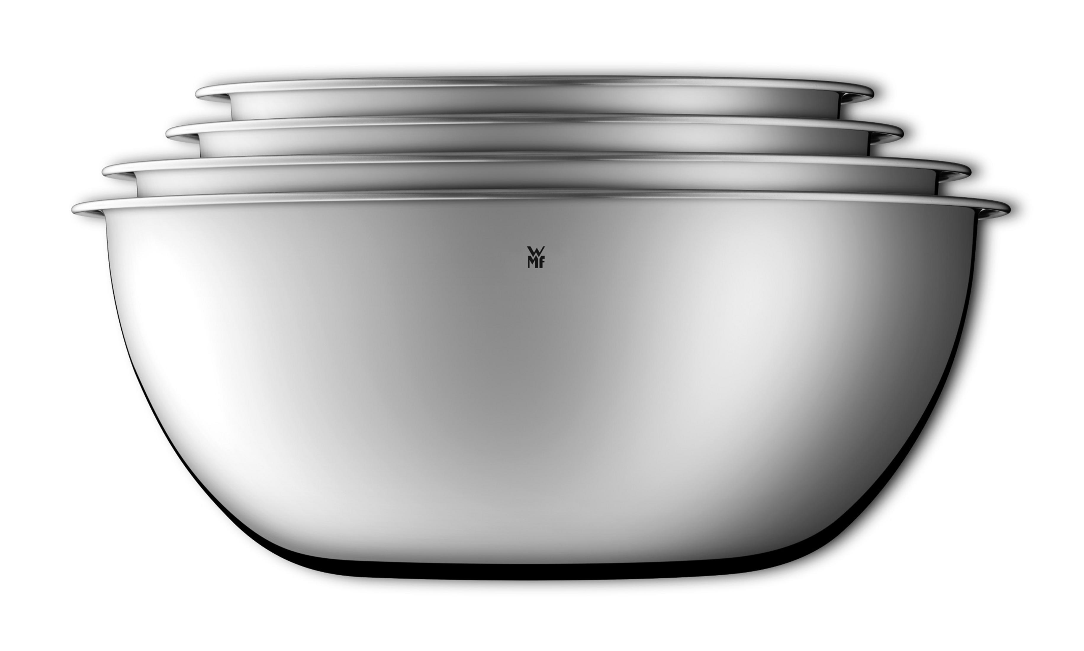 Quatre bols argentés empilés, montrant le logo WMF.