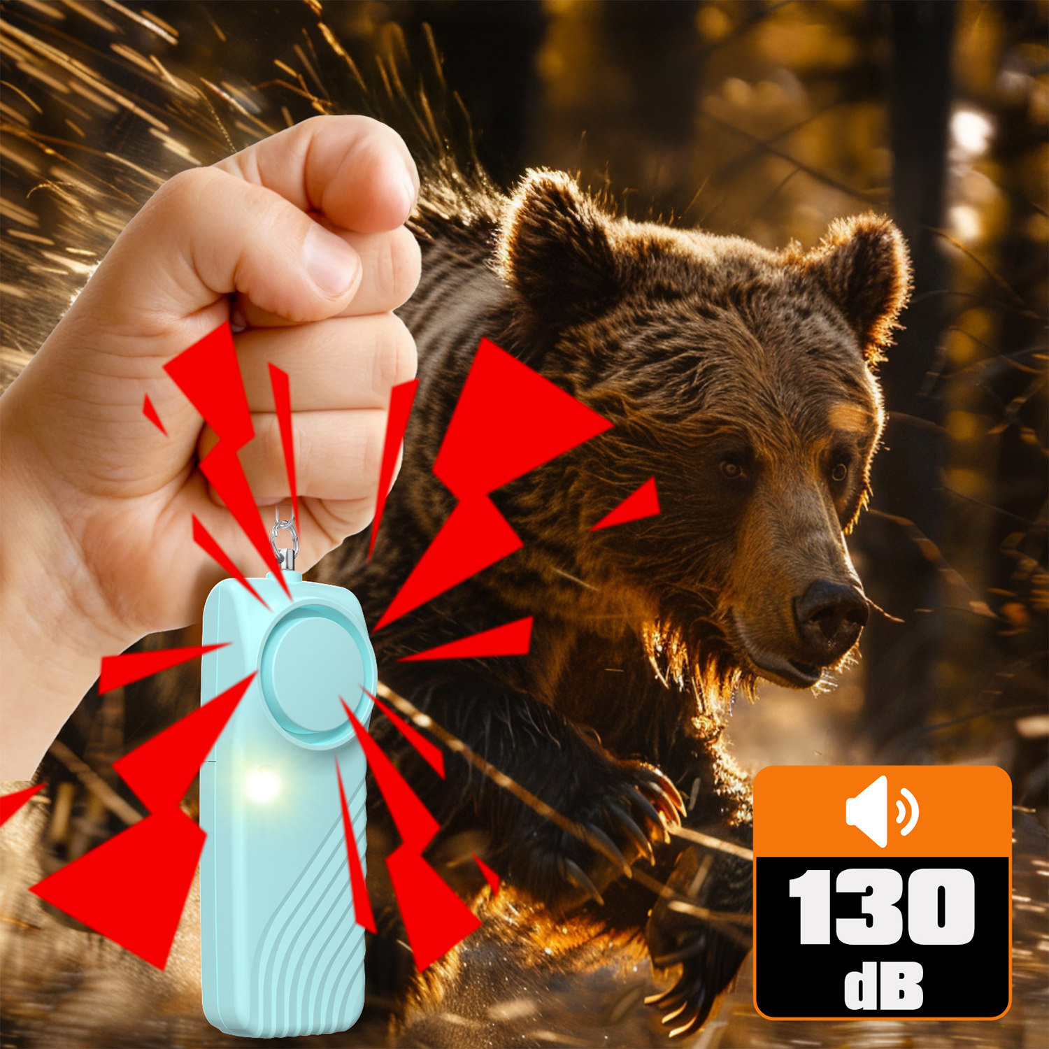 Mano presionando alarma azul claro, oso en bosque, 130 dB