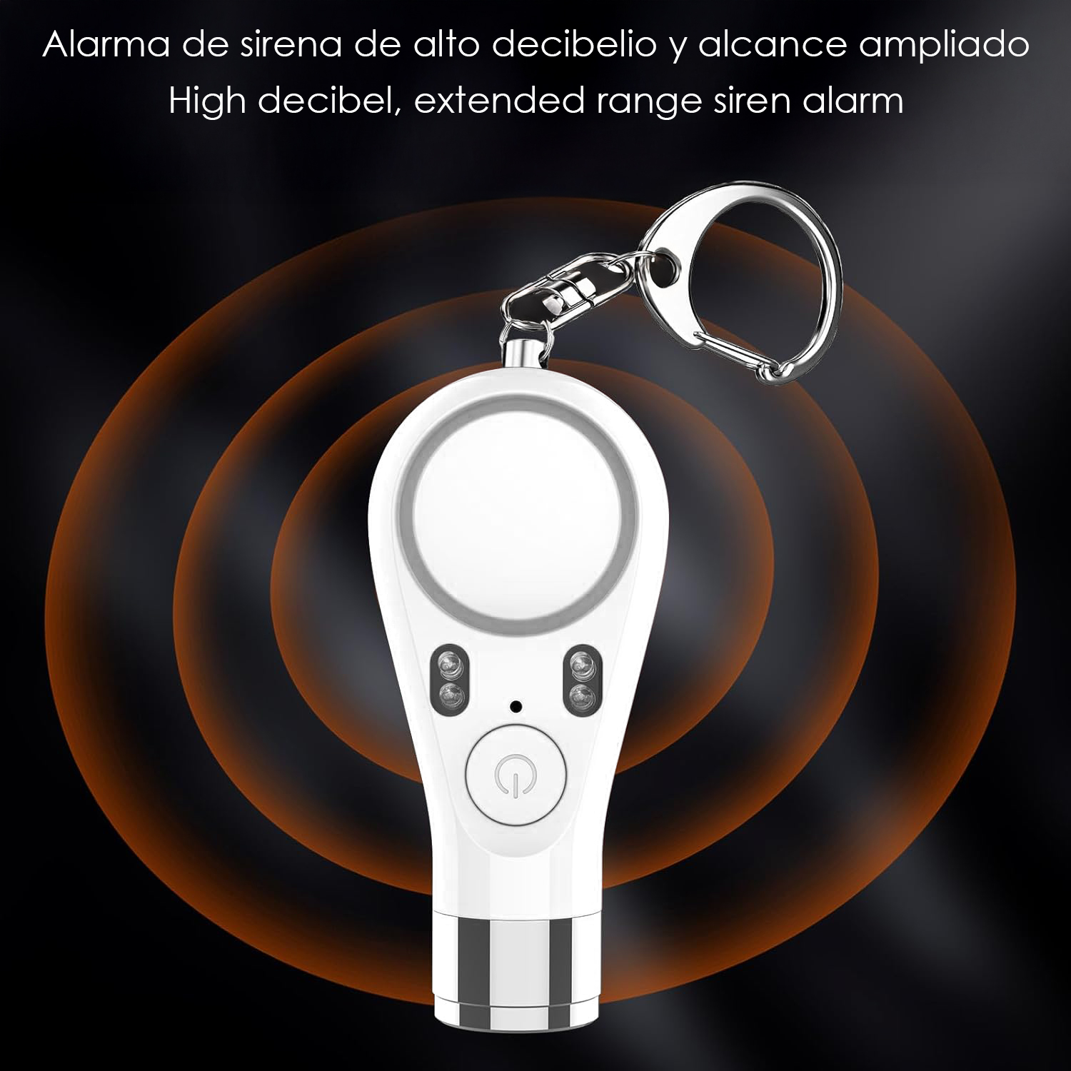 Un llavero de alarma personal blanco con un llavero y un botón de encendido.
