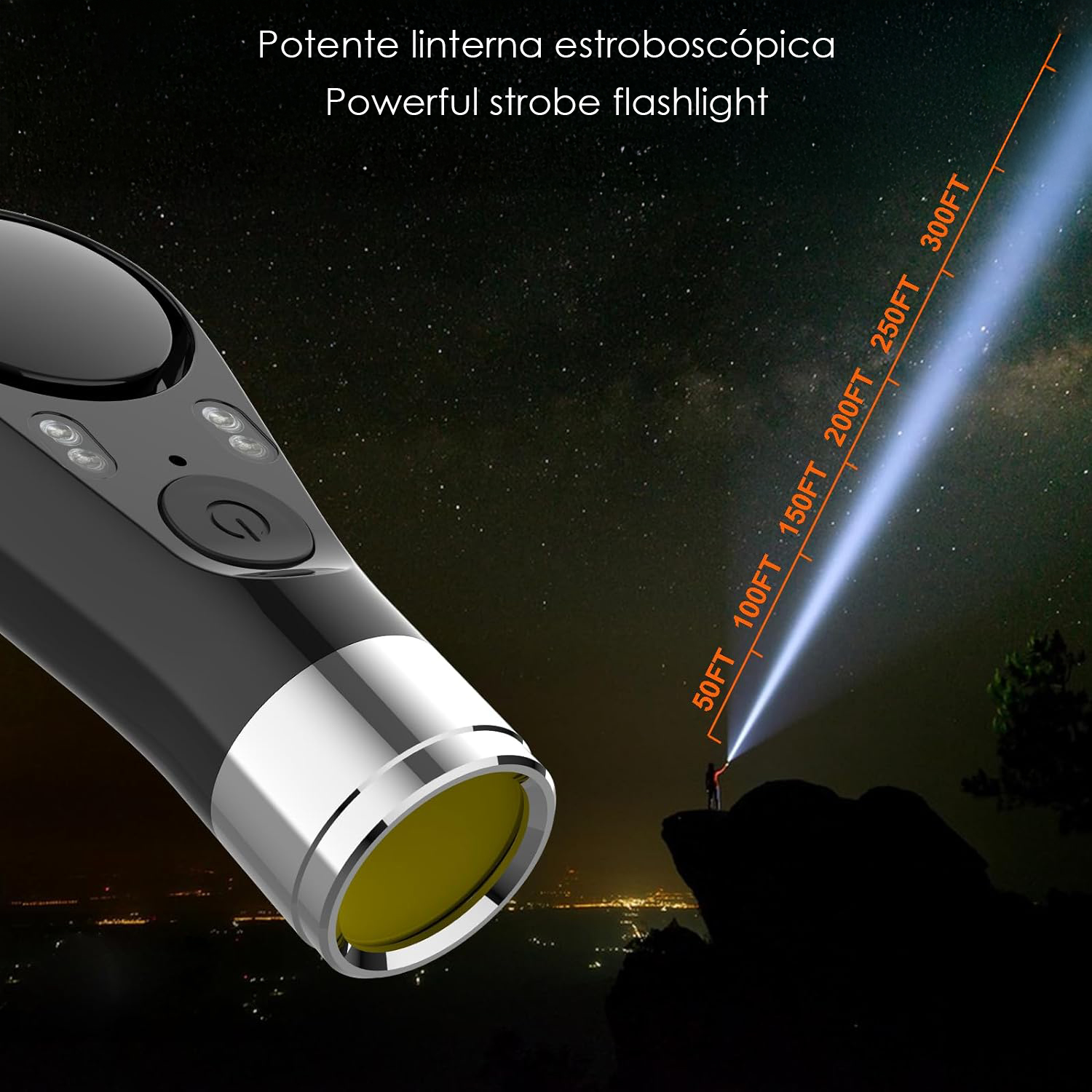 Persona en la cima de la montaña con linterna creando un haz de luz.
