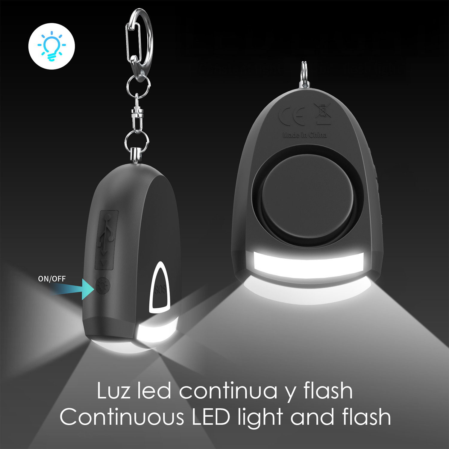 Llavero de alarma personal negro con luz LED. La alarma tiene un puerto USB.